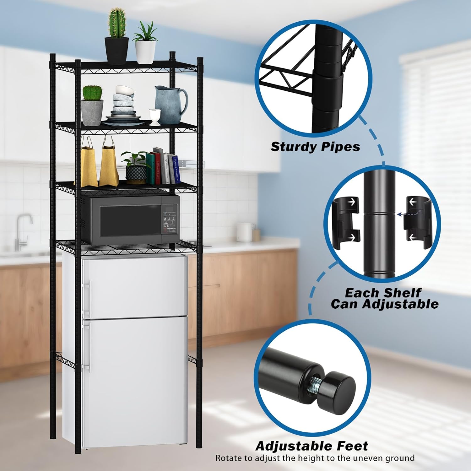 4 Tier Mini Fridge Shelf | Adjustable Height Metal Storage Shelf | for Mini Fridge & Microwave Stand | Easy Assemble for Dorm, Kitchen, Office | Black