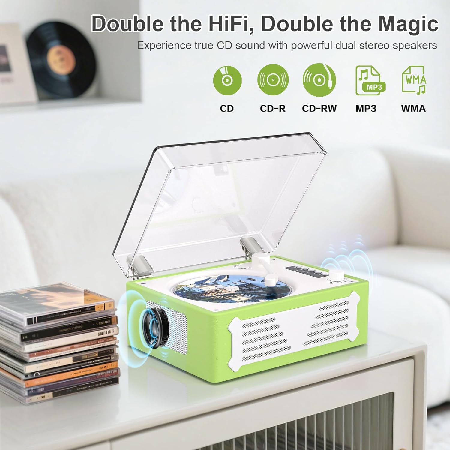 Retro CD Player with Bluetooth Transmitter Receiver, HiFi Stereo Speakers, LED Display, USB/AUX/Headphone Ports, Rechargeable, Portable CD Players for Home or Gift - Green