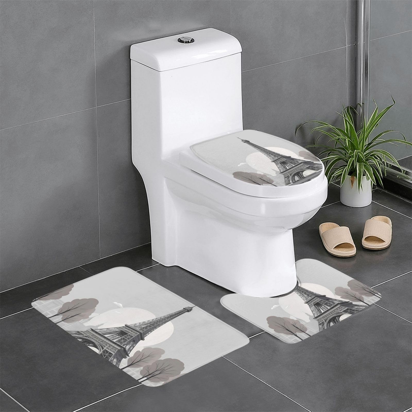 Tapis de salle de bain gris Tour Eiffel en lot de 3 pièces