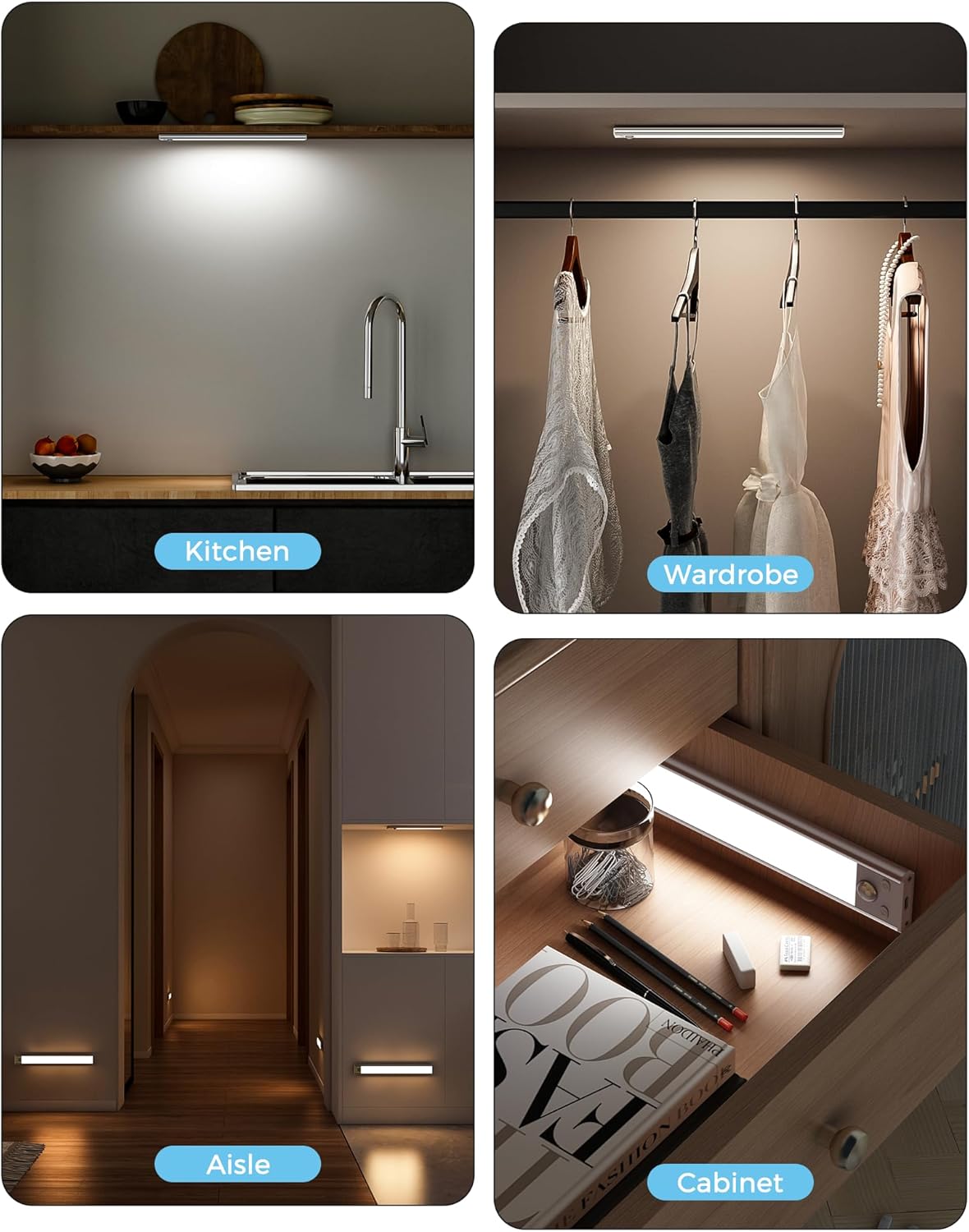 ASOKO Under Cabinet Lights Motion Sensor USB-C Rechargeable LED Closet Lights Battery Operated Wireless Magnetic Light Strip for Kitchen(Multi-Colored,3 Packs-12inch