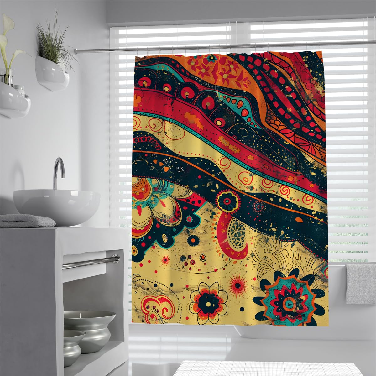 Żywy Retro Bohemian Odporny na pleśń Zasłony Łazienkowe W180xL200cm Wodoodporna Tkanina Poliestrowa Z Wielokolorowy Wzór Paisley Zmywalny Do Wanien W Mokrych Pomieszczeniach