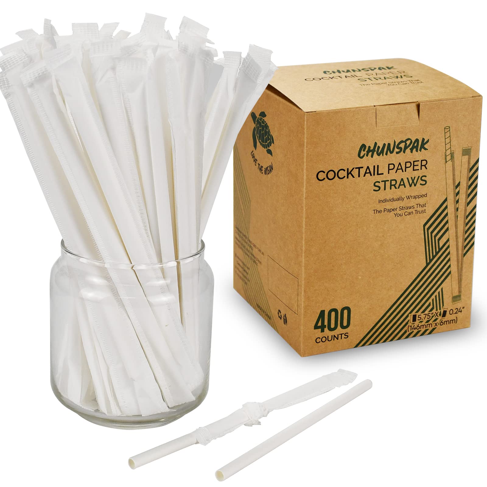 chunspak[400 Pack] Compostable Short Paper Straws Individually Wrapped, 5.75" x 0.24", Dye-free White - Great for Kids, Milk Cartons, Cocktail, Coffee, Mixed Drinks