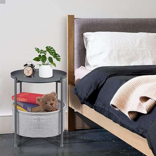 Miniatura 7 de Mesas auxiliares redondas con cesta de almacenamiento, mesa auxiliar de metal, mesita de noche pequeña, color gris Gris,Rosado,Blanco
