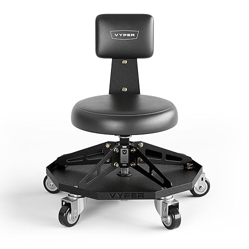 Vyper Robust Steel Sport Shop Chair for Mechanics, Automotive, DIY - 300 lb Capacity Garage Stool with Backrest & Large Wheels (Black Seat, Black Frame)