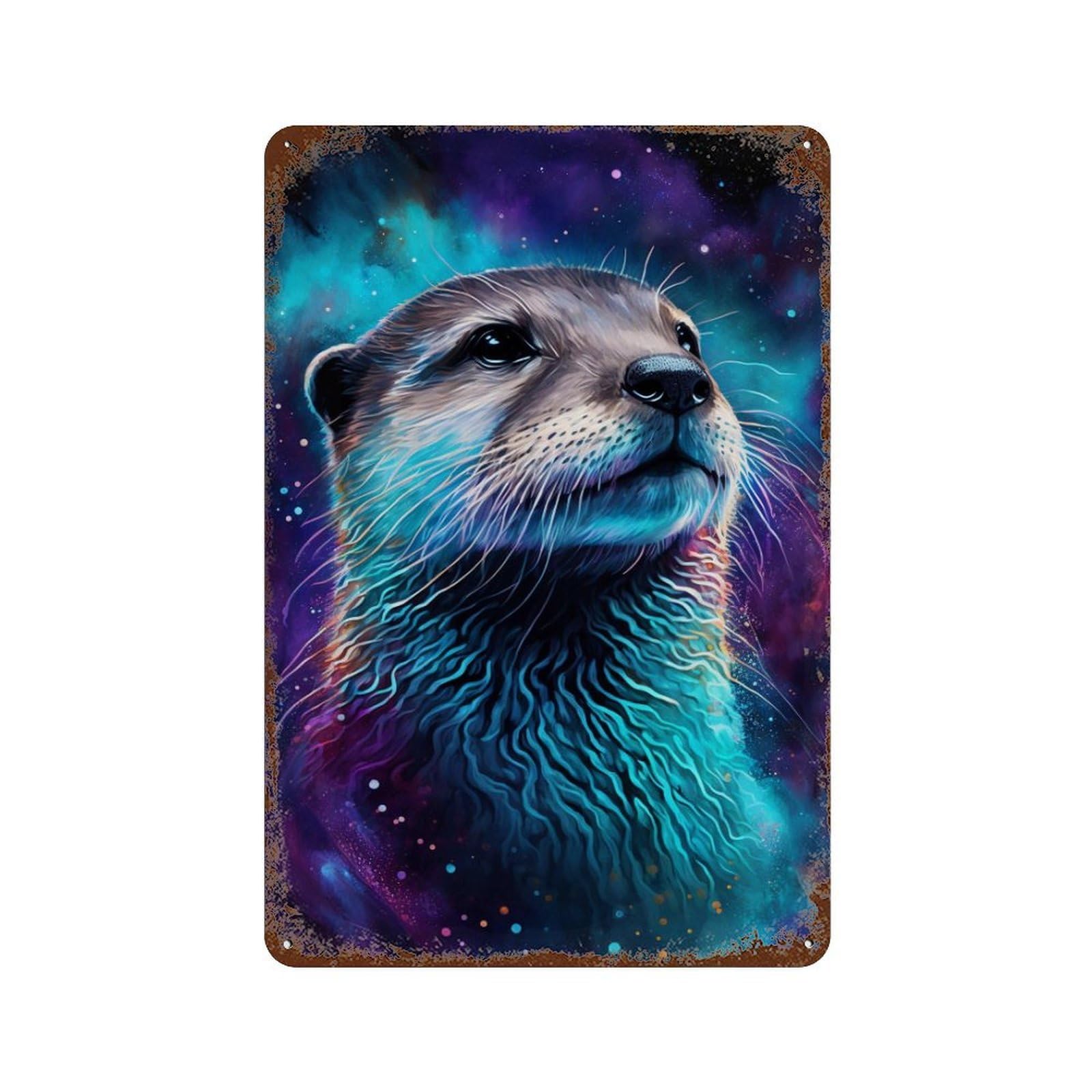 Rust Effect Galactic Otter Portrait Rustic Tin Plaque 11.8"x7.9", Classic Wall Plaque for Shed, Workshop And Garage Wall Decor