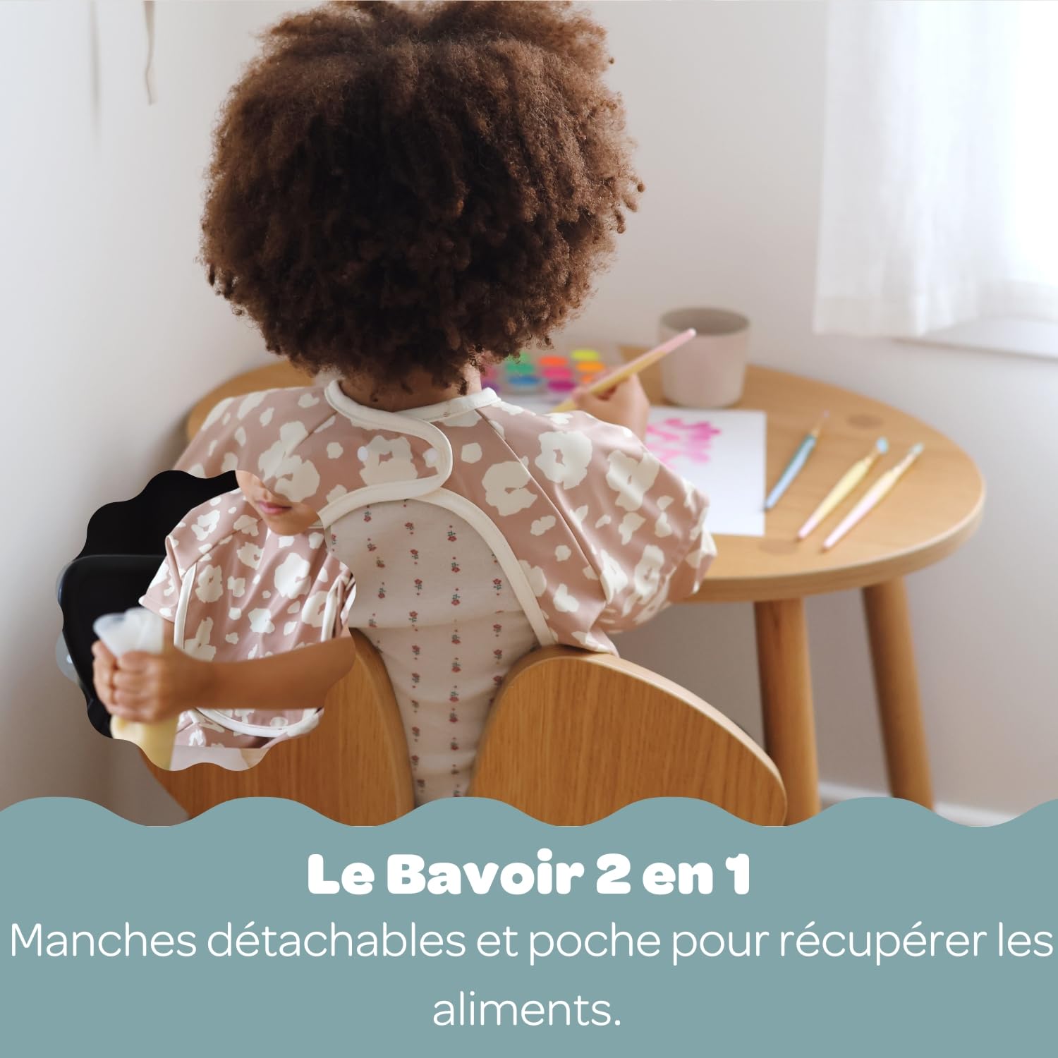 BÉABA, Baby bib, Nursery bib, Waterproof, Detachable Long Sleeves, Collection Pocket, Easy to Clean, Evolutive, Savannah Bloom - Image 3