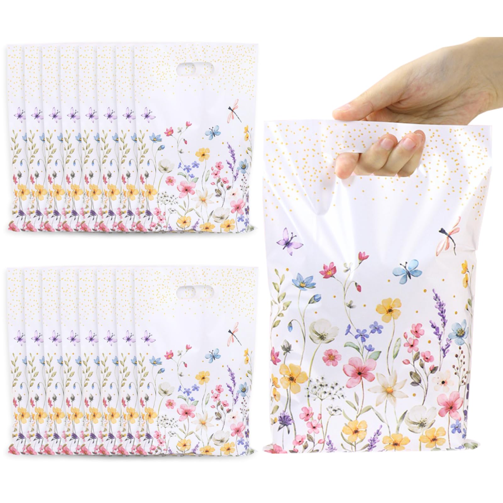 Corbekel 100 Pcs Wildflower Plastic Gift Bags, 9.84 x 6.5 IN Wildflower Treat Bags Bulk, Reusable Spring Flower Party Favor Bags for Birthday, Wedding