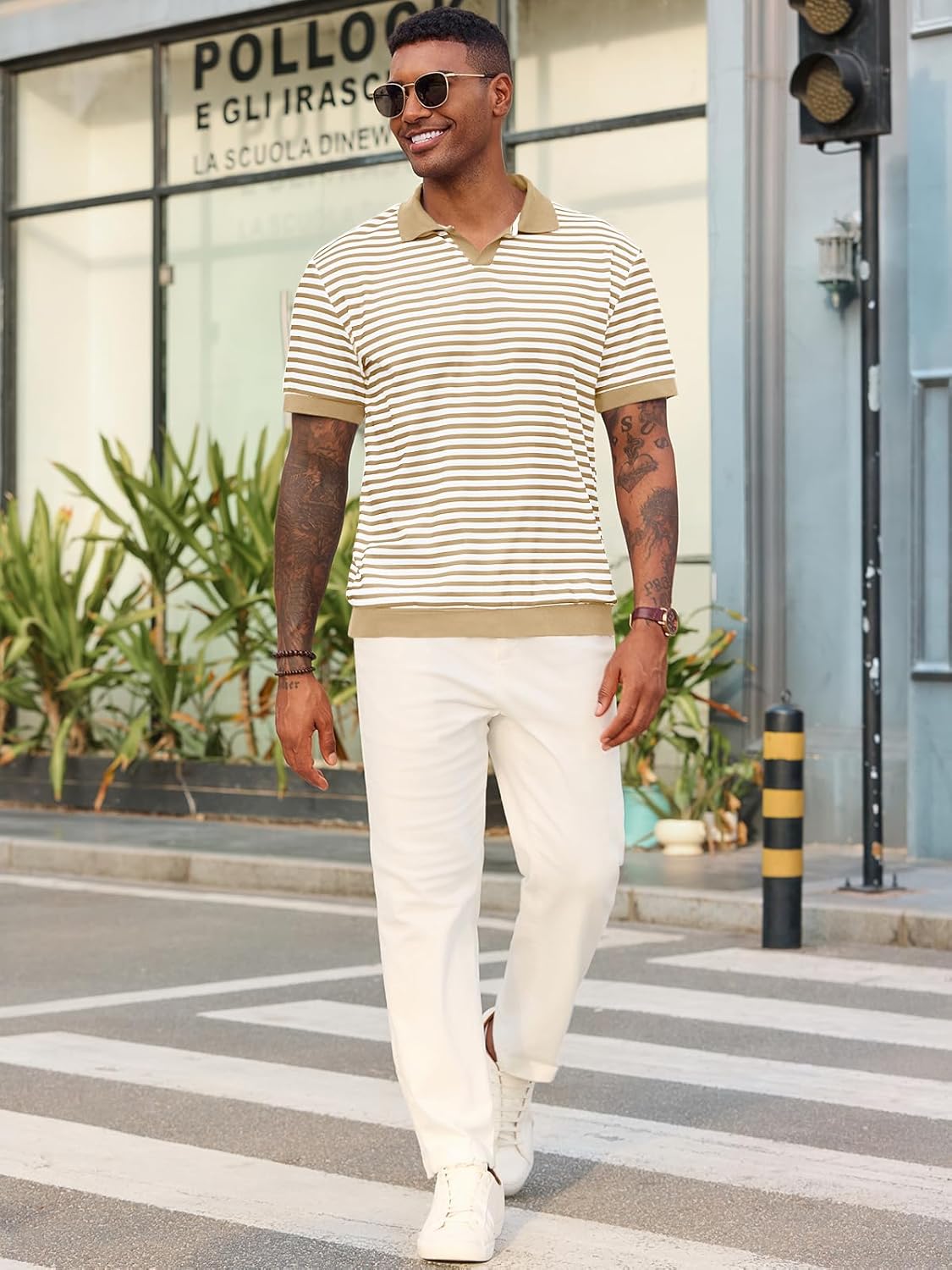 Runcati Mens Knit Polo Shirts Short Sleeve Striped V Neck Golf Shirt Classic Casual Summer Tops - Image 5