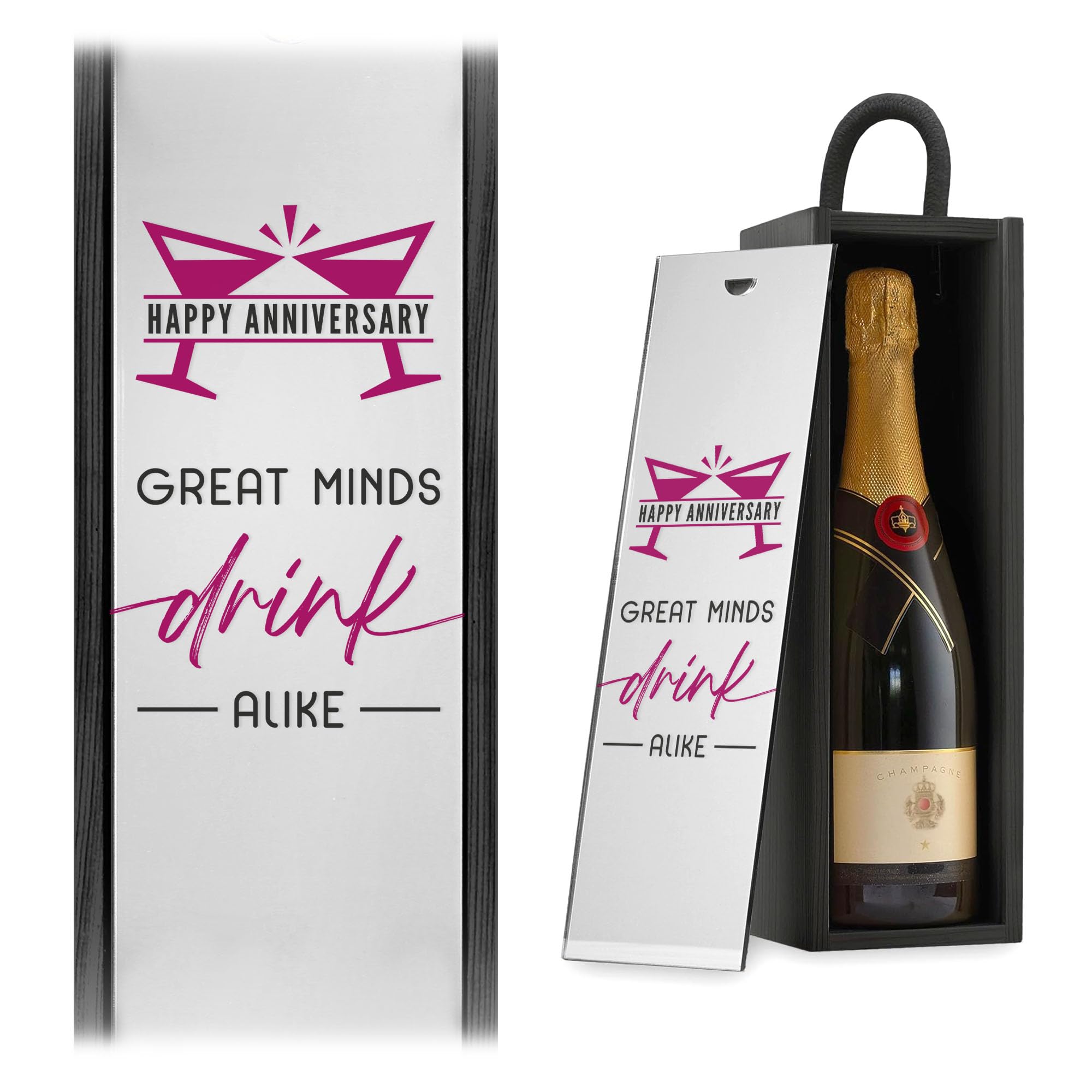 Happy Anniversary Great Minds Drink Alike Wine Gift Box Champagne Gift For Couple Romantic Wine Gift Box (Silver Mirror, Black Box)