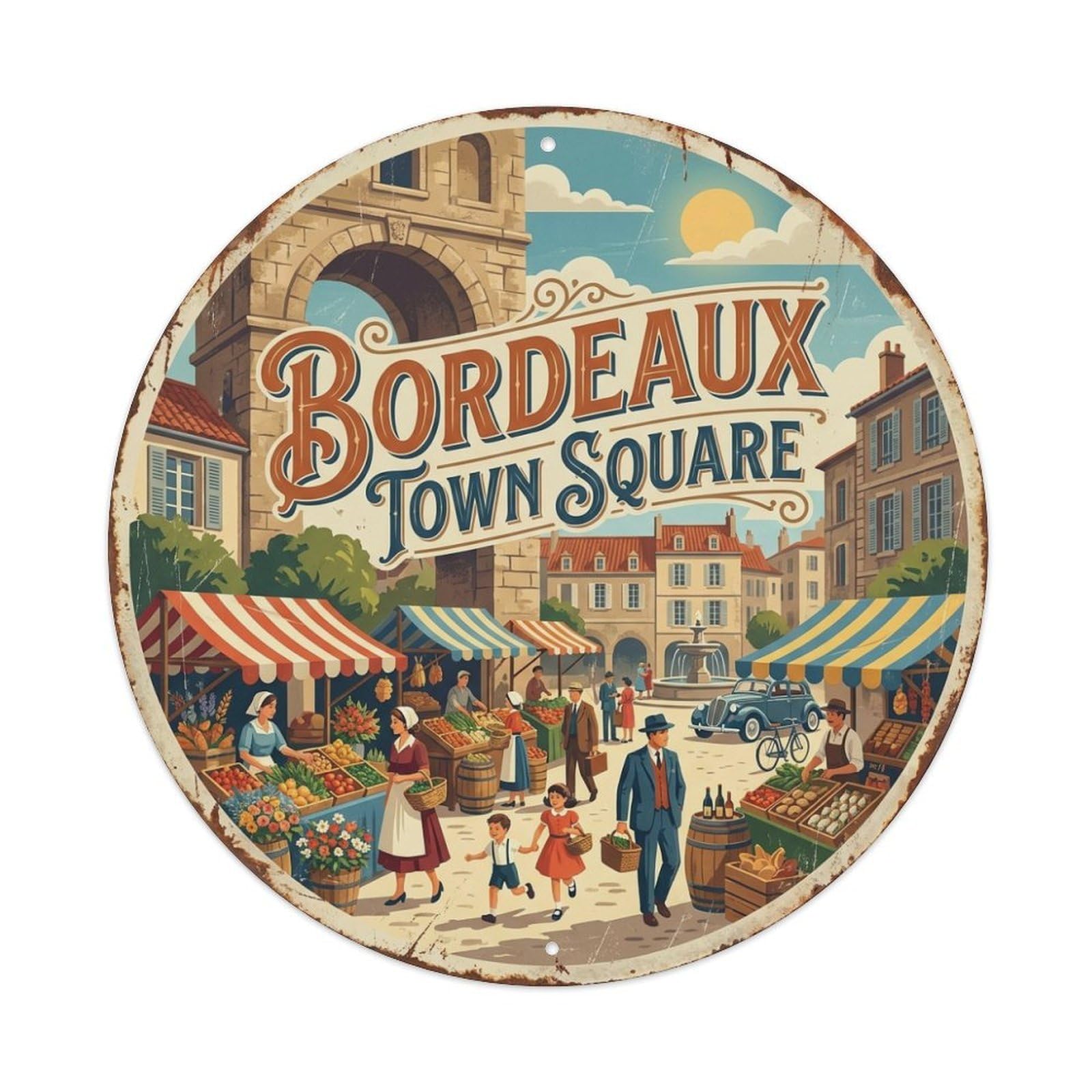Vintage Travel Town Square Bordeaux France Metal Tin Sign