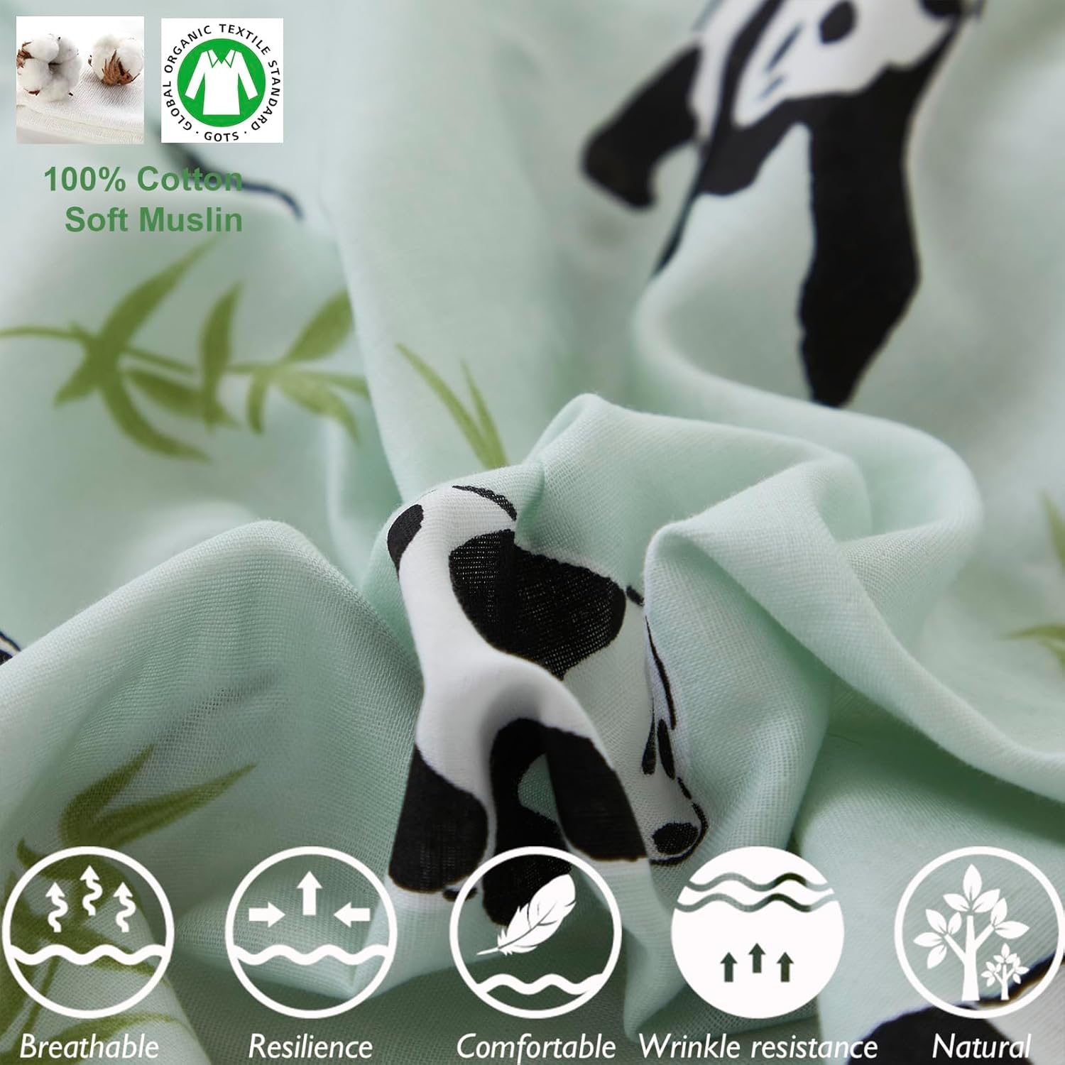Brandream Queen Size Duvet Cover Set 100% Muslin Cotton Panda Green for Girls Boys Cute Kids Bedding Set 3 Pcs Ultra Soft Breathable Toddler Teen Children Patterned Cartoon Comforter Cover