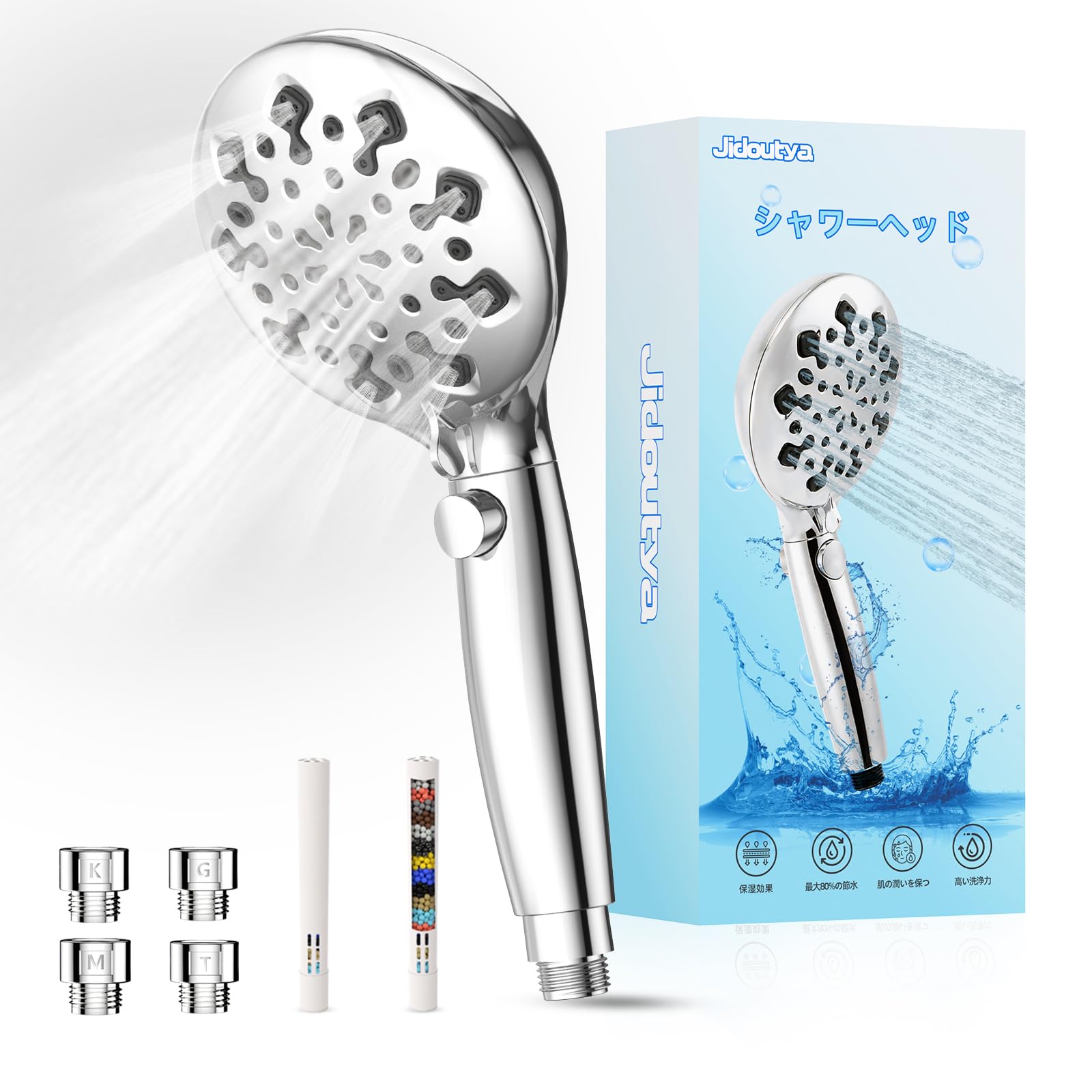 Jidoutya シャワーヘッド マイクロナノバブル 【高水圧 最大80%節水 塩素除去】6+3モード ミストシャワーヘッド 節水 高洗浄力 極細水流 手元止水 低水圧用 ウルトラファインバブル Shower Head 毛穴ケア 汚れ除去 ナノバブル 美髪 保湿 浴室用 4種類アダプター付き 取り付け簡単