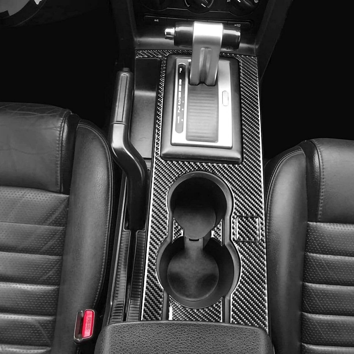 Carbon Fiber Gear Shift Box Panel Interior Decorative Trim Center Console Holder Cover Accessories for Ford Mustang 2005 2006 2007 2008 2009 Black