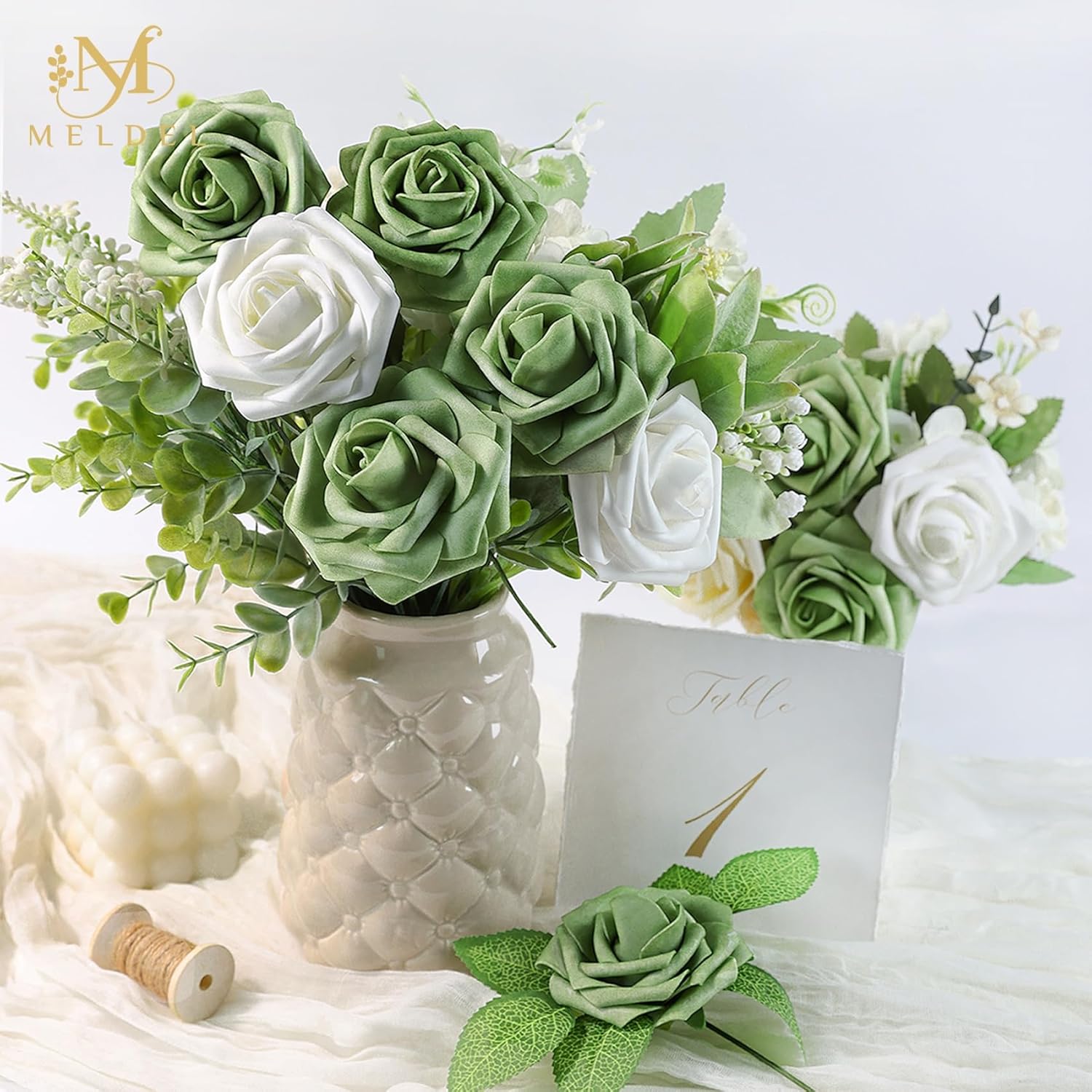 Meldel Artificial Flowers 25pcs Real Looking Elf Green Foam Fake Roses with Stems for DIY Wedding Bouquets Bridal Shower Centerpieces Floral Arrangements Home Decorations Bulk Crafts Rose - Image 7