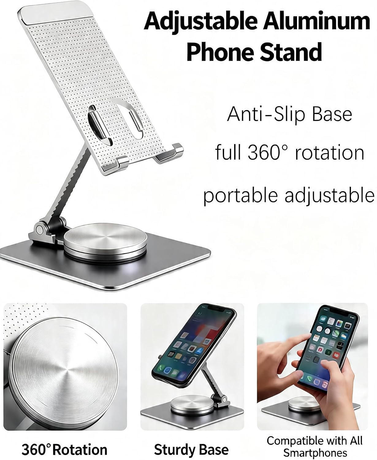 360° Rotating Phone Stand for Desk with Anti-Slip Silicone Pad, Foldable Cell Phone Stand for iPhone Samsung Google Pixel LG, Compatible with 4-12.9" Smartphones & Tablets with Travel Carrying Pouch