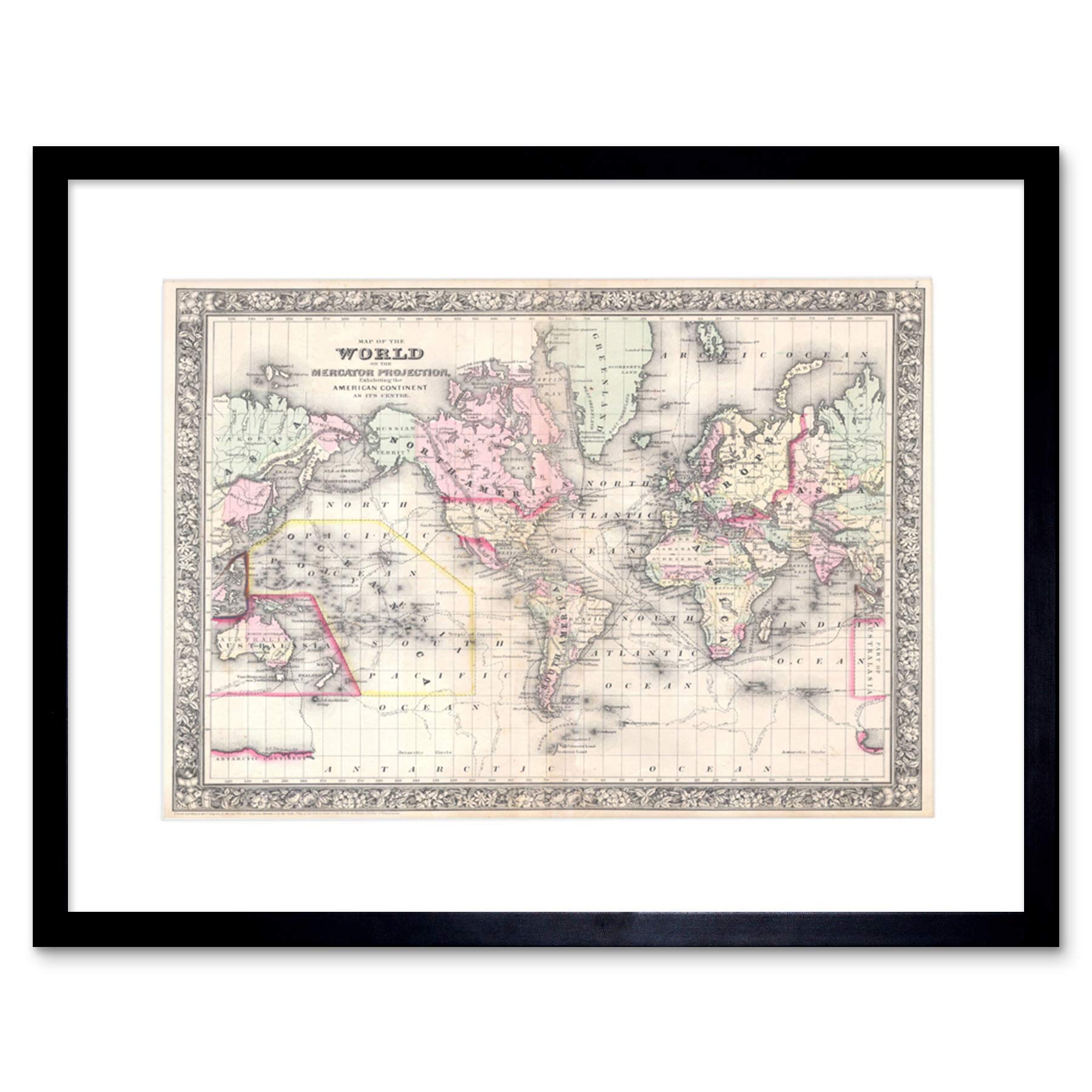 Wee Blue Coo 1864 Mitchell Map The World On Mercator Projection Vintage Framed Wall Art Print