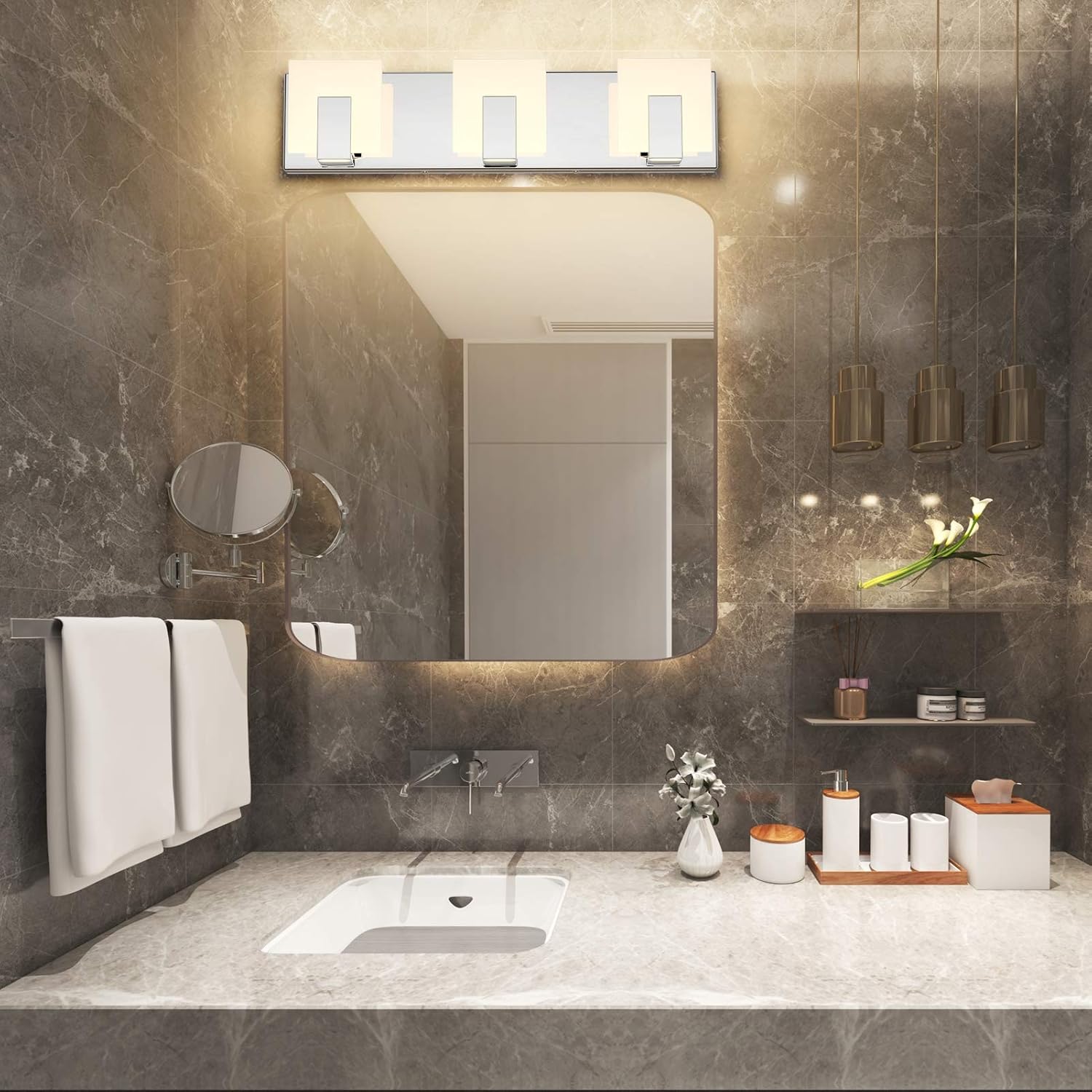 Flash Deals - 70% OFF Aipsun 4 Lights Modern LED Vanity Light for Bathroom Frosted White Acrylic Chrome Up and Down Bathroom Wall Light Fixtures Over Mirror(Warm Light 3000K)
