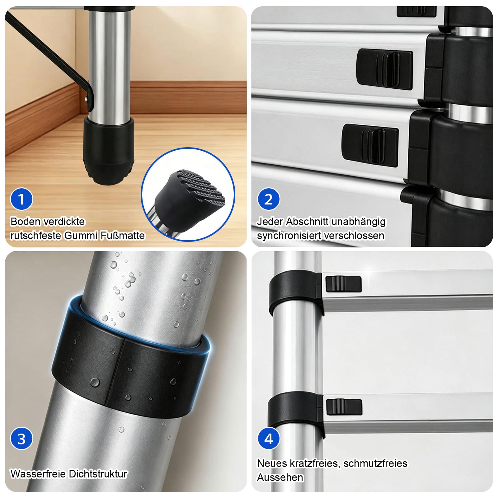 Échelle télescopique de 3,8m, échelle Extensible en Acier Inoxydable renforcé Anti-crochage, échelle Pliable Stable de 150 kg, échelle Pliable à Retrait Lent Anti-crevaison avec Manuel Complet