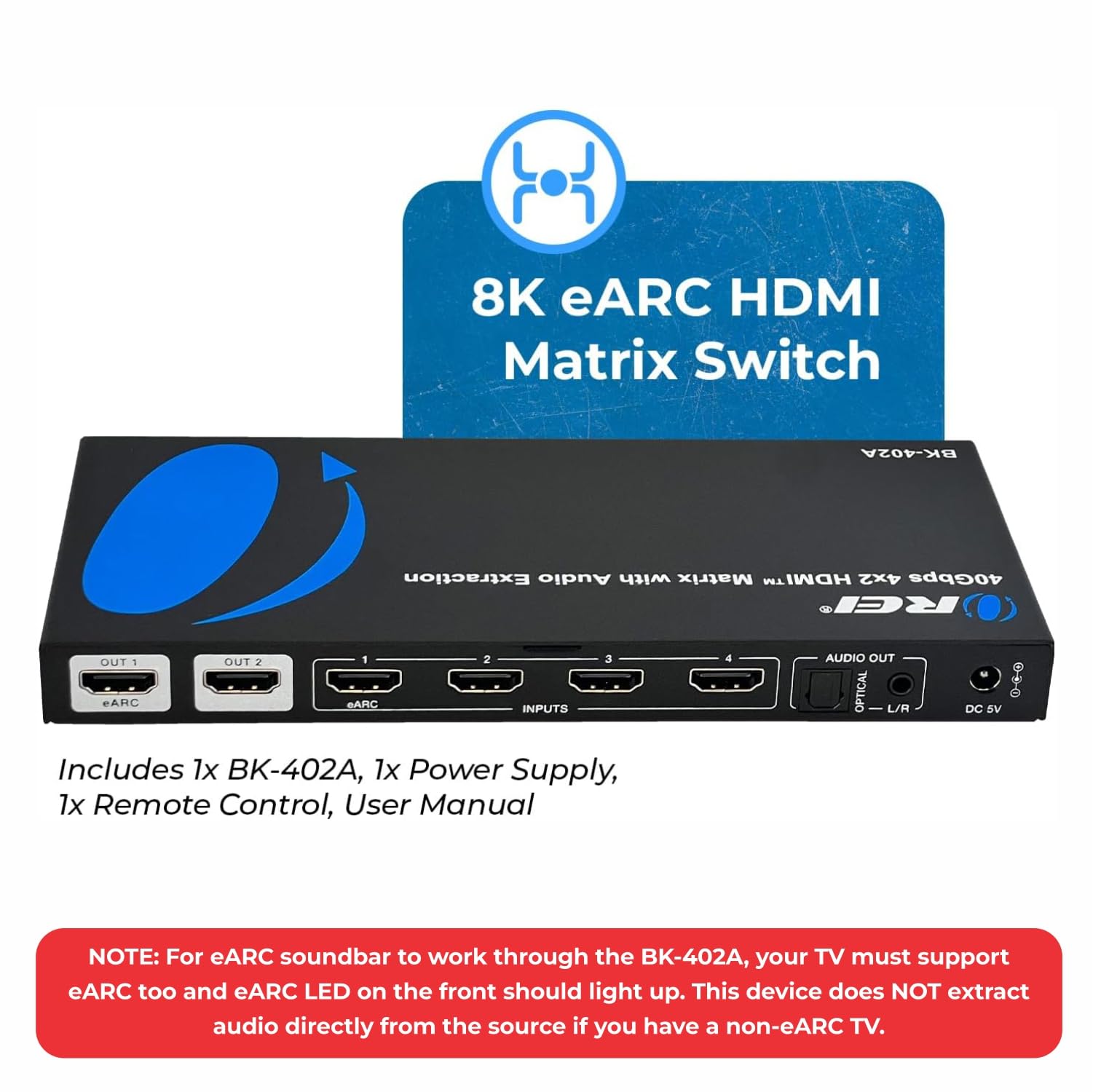 OREI 8K eARC - Interruttore a matrice HDMI 4x2, interruttore con estrattore audio UltraHD supporta fino a 4K @ 120Hz IR EDID HDCP 2.3 - Telecomando (BK-402A)