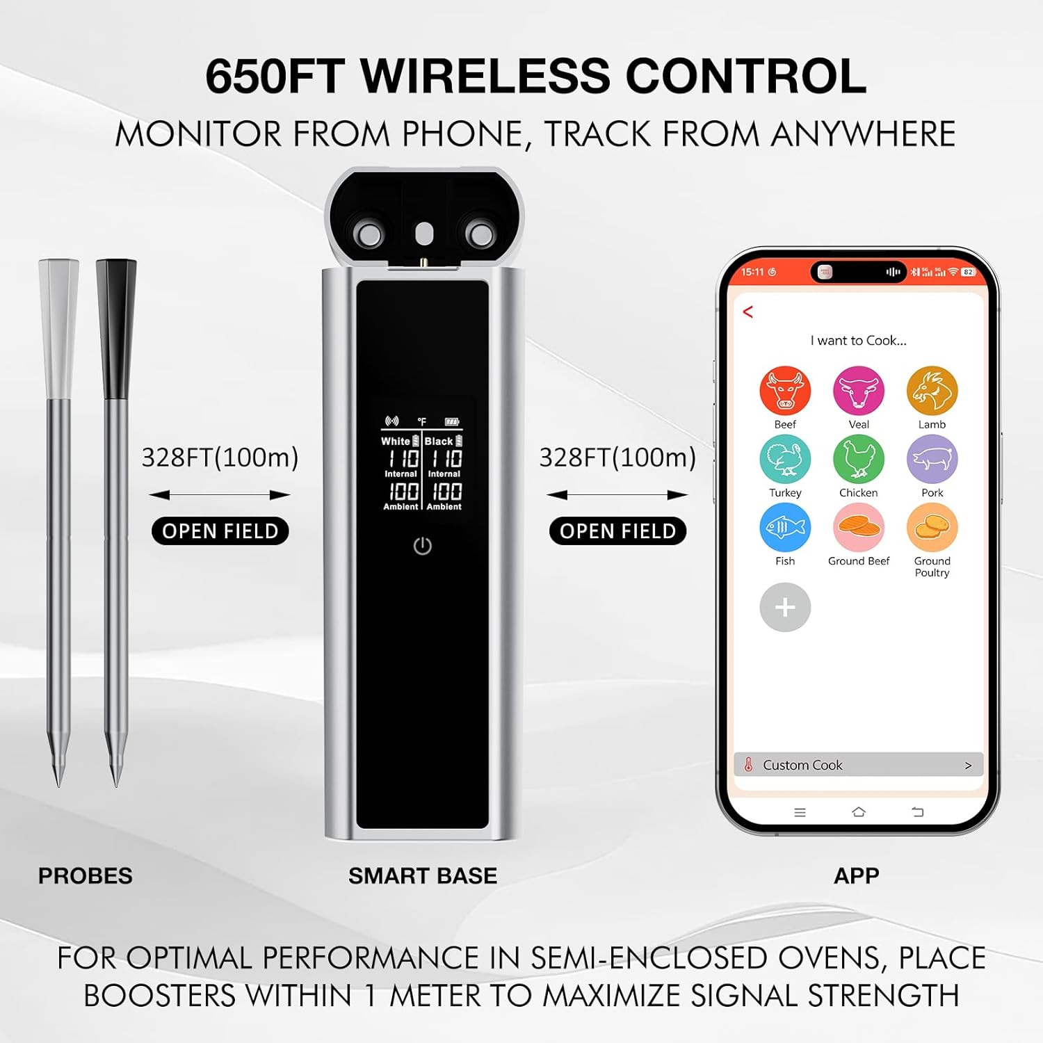 Bluetooth Meat Thermometer Wireless with Dual Probes, 650ft Long Range Smart App Controlled Food Thermometer for Grill, Smoker & Oven, Rechargeable IP67 Waterproof