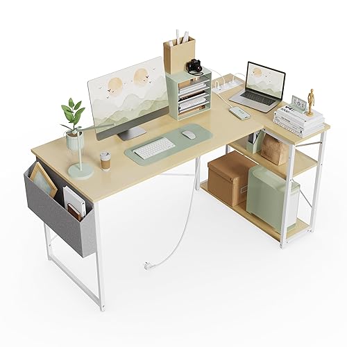 BEXEVUE Computer Desk with Power Outlets, 47 Inch L Shaped Desk with Reversible Shelves, Gaming Desk Corner Desk Study Work Desk for Home Office Bedroom Small Space, Begie - 47 Inch - Beige