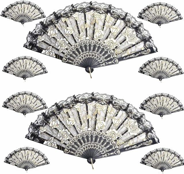 Eidoct 10 Pieces Fabric Folding Fans, Folding Hand Fans, Elegant Vintage Retro Flower Rose Lace Handheld Chinese Folding Fan for Women Hand Craft (Black)