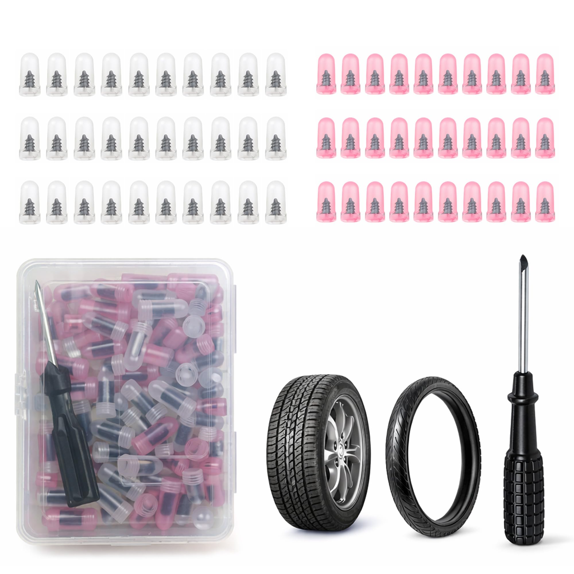 HAPPOW 60Pcs Puncture Repair Kit, Tyre Repair Kit Rubber Nails, 30 Large 30 Small with Screwdriver and Storage Box for Car Motorcycle Bike