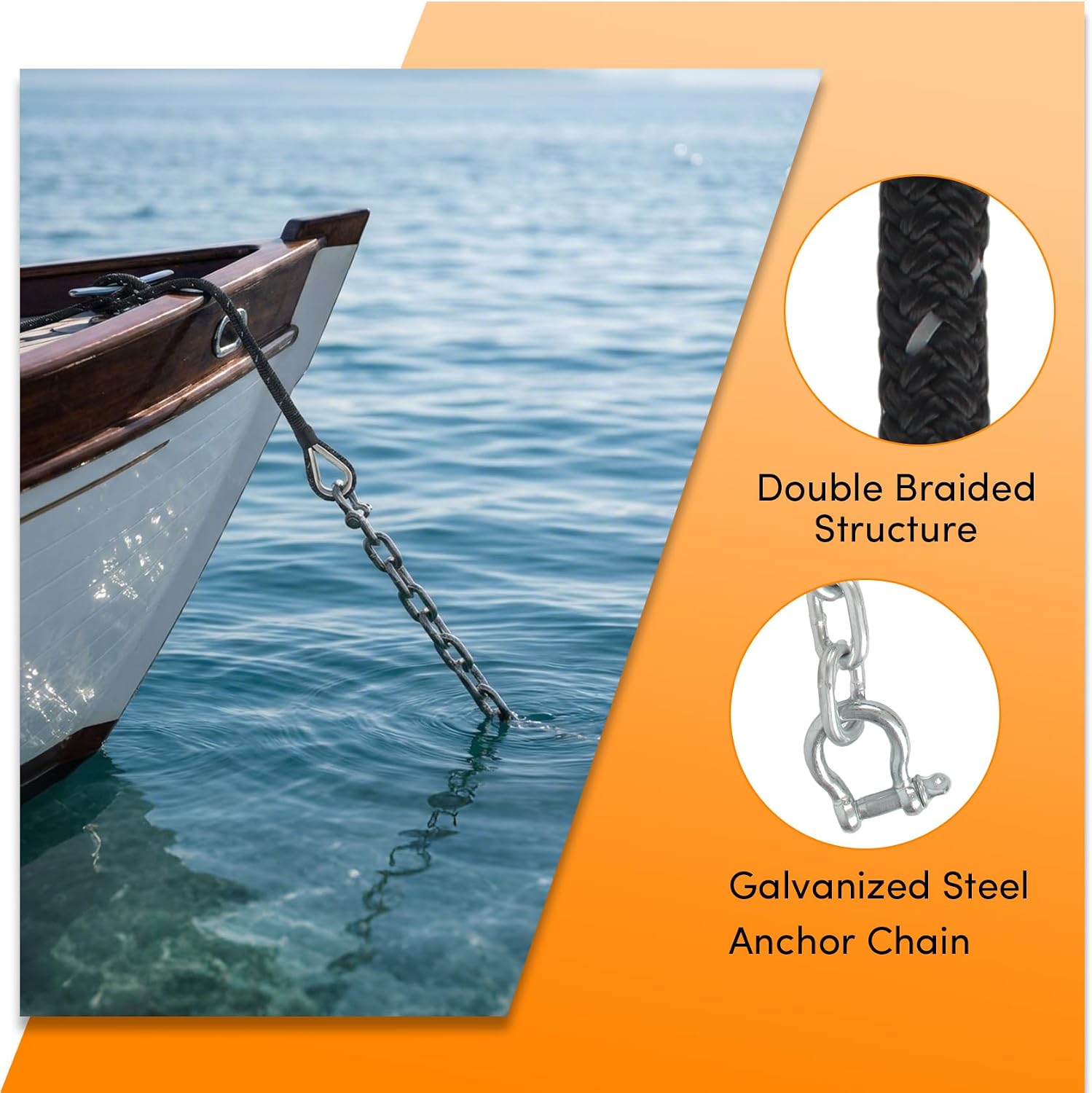 Anchor Rope 100 ft X 1/2 inch Combination Kit,with 1/4" x 10' Galvanized Steel Anchor Chain, Double Braided Anchor Line with Reflective Strip, Anchor Rope and Chain with Thimble and Shackle (Black)