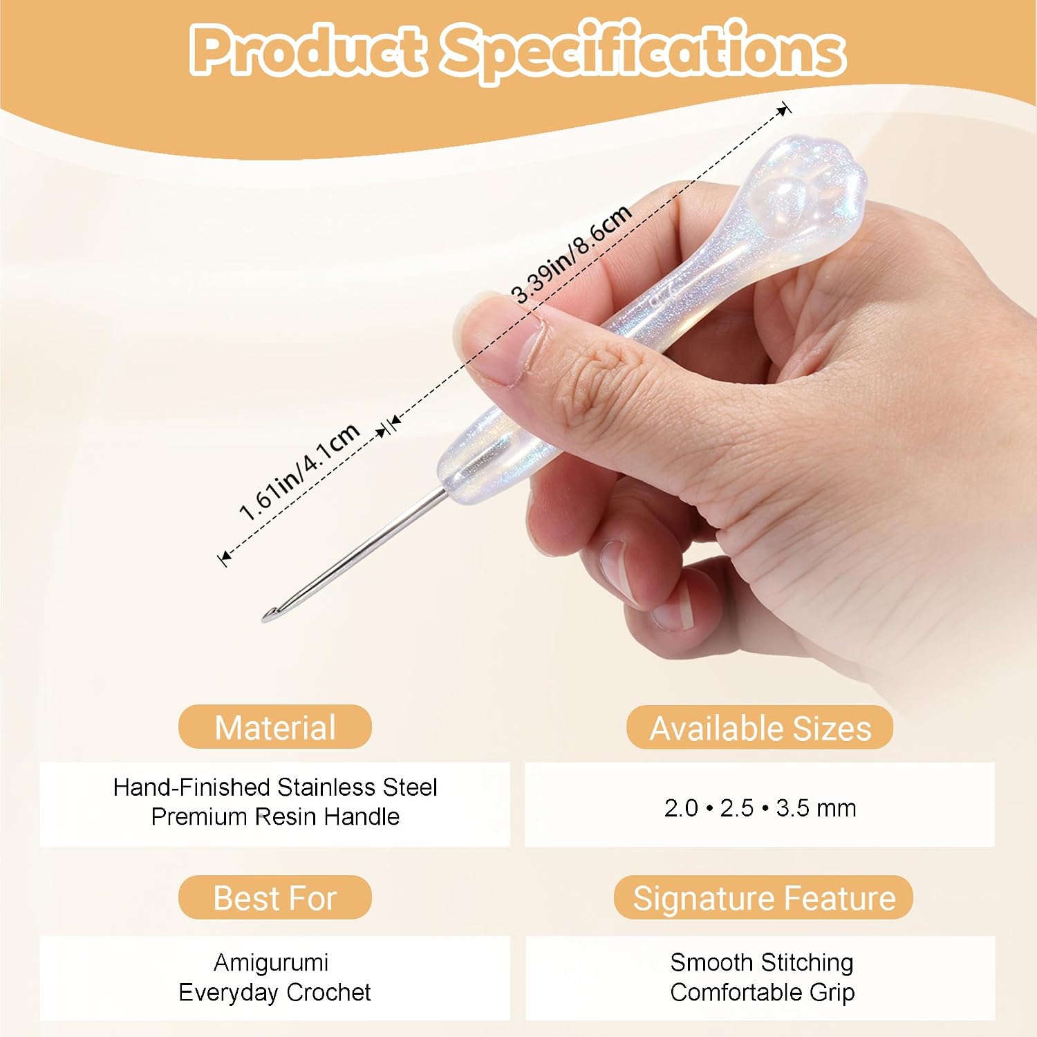 Morcolplus 2.0mm Stardust Ergonomic Crochet Hook, Hand-Finished Polished Stainless Steel Hook with Transparent Resin Cat Paw Handle, Comfortable Grip for Amigurumi, Crochet Dolls & DIY Crochet