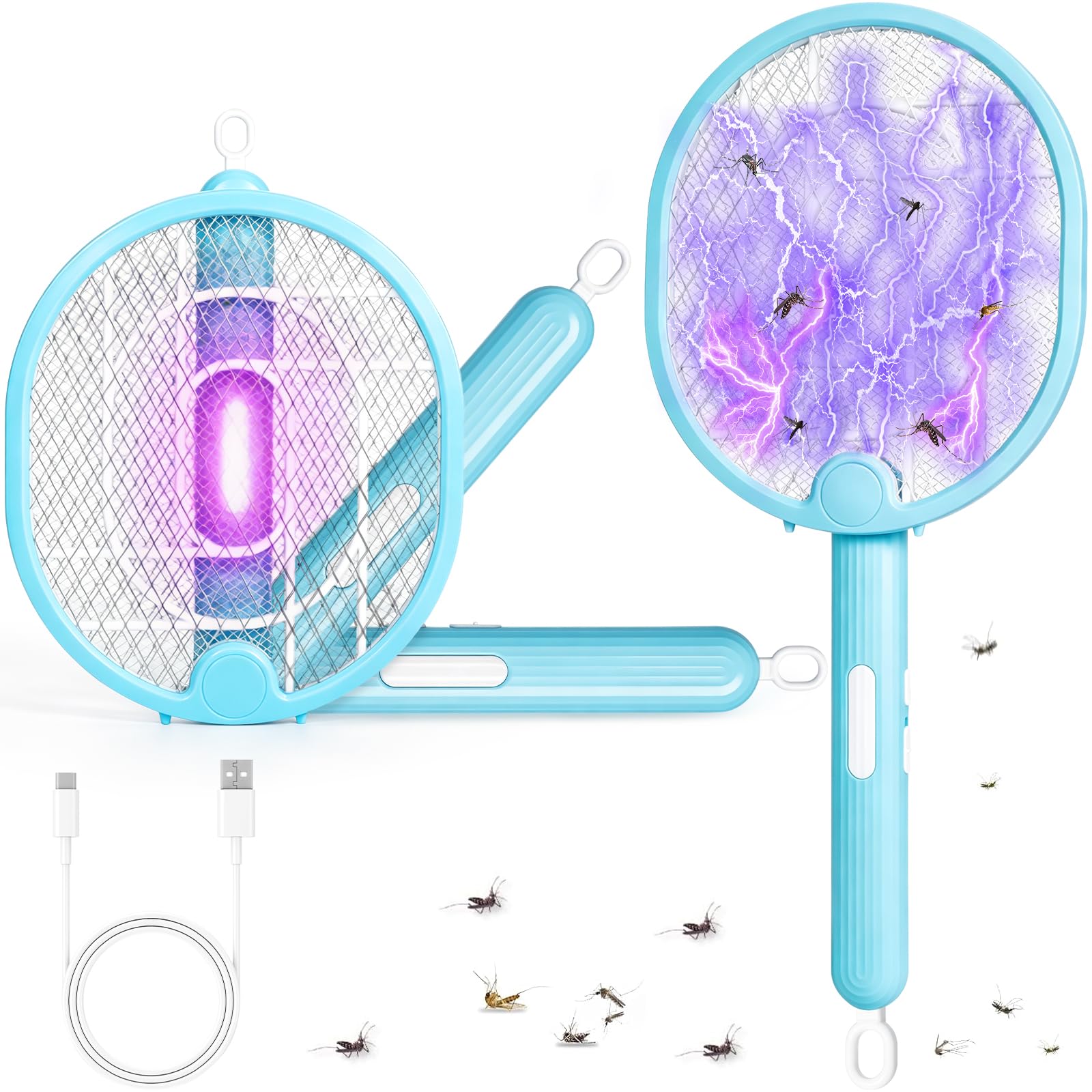 Raqueta Eléctrica Anti-Mosquitos Extra Potente 3000V, 3 en 1 con Luz UV Atractiva, Matamoscas Eléctrico Recargable USB-C, Silencioso, Plegable y Seguro para Dormitorio, Cocina y Jardín (Azul)