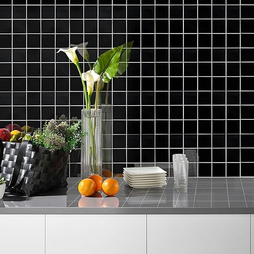 Miniatura 2 de CASAPALACE Azulejo de vidrio negro para despegar y pegar, 12 x 12 pulgadas cuadrado de vidrio de mosaico para pared de cocina y baño (5 hojas, 5