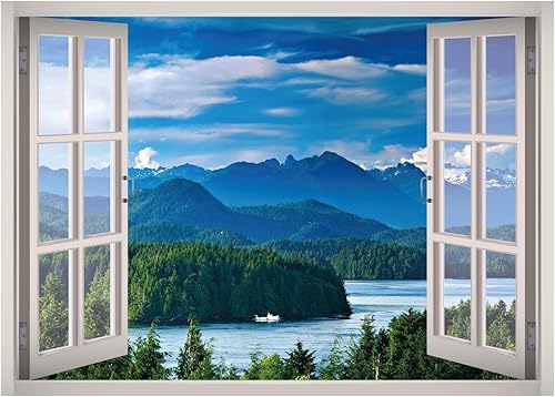 Calcomanía de pared 3D con ventana de paisaje de lago y montaña, papel tapiz extraíble, vinilo para decoración del hogar, West Mountain W13 (grande