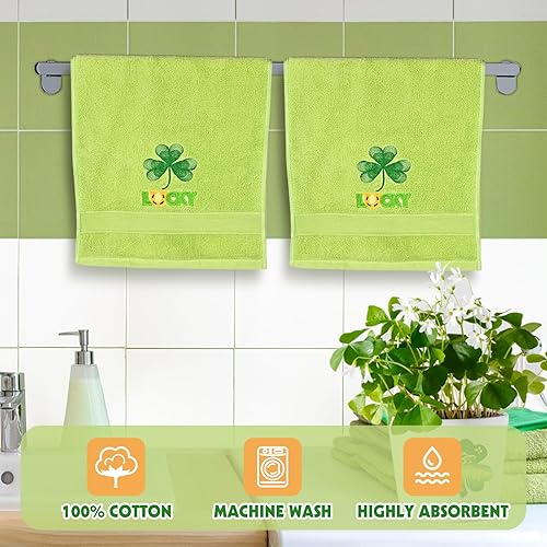 Miniatura 6 de Juego de 2 toallas de mano bordadas con patrón de trébol verde de la suerte, juego de toallas decorativas de 14 x 30 pulgadas, para baño, cocina,