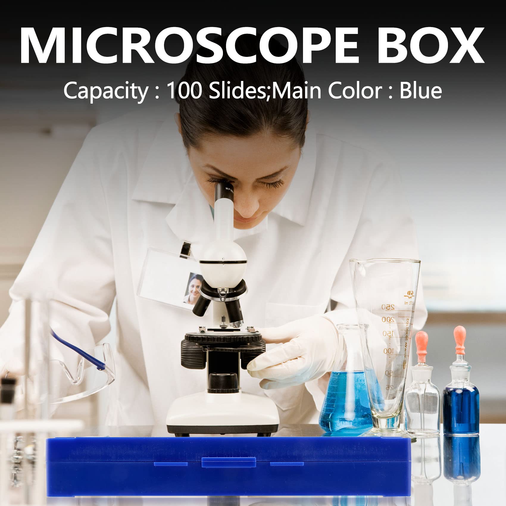 Boîte rectangulaire en plastique pour 100 lames de microscope Bleu roi