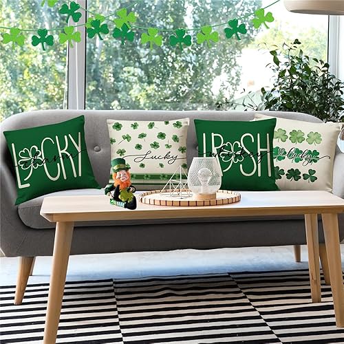 Miniatura 5 de MODOVOS Lucky Charm - Juego de 4 fundas de almohada de 18 x 18 pulgadas, diseño de trébol de whisky irlandés, decoración del día de San Patricio,