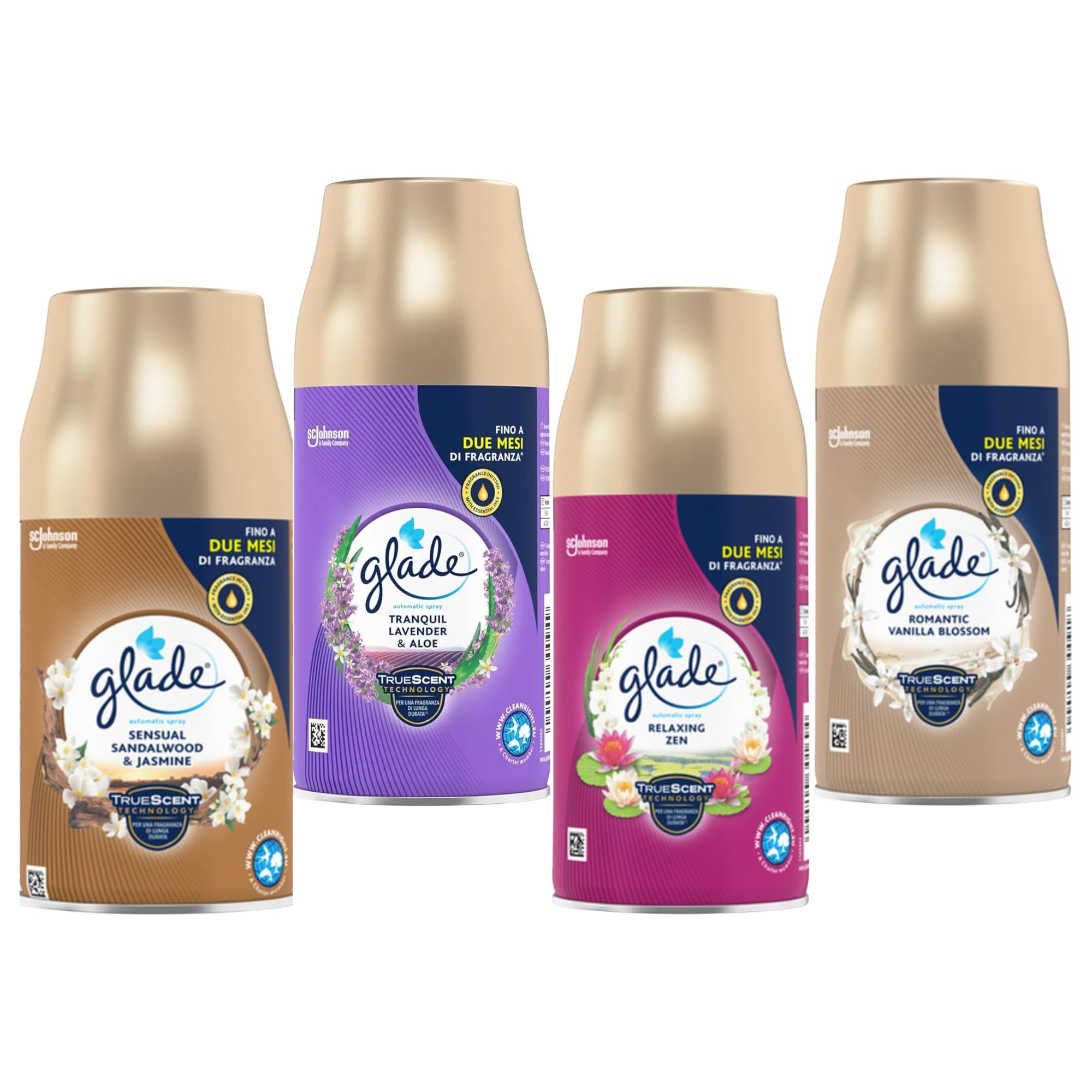 Glade Automatic Spray Set mit 4 Nachfüllpackungen - Lavendel & Jasmin - Entspannendes Zen - Vanille Blüte - Sandelholz von Bali und Jasmin