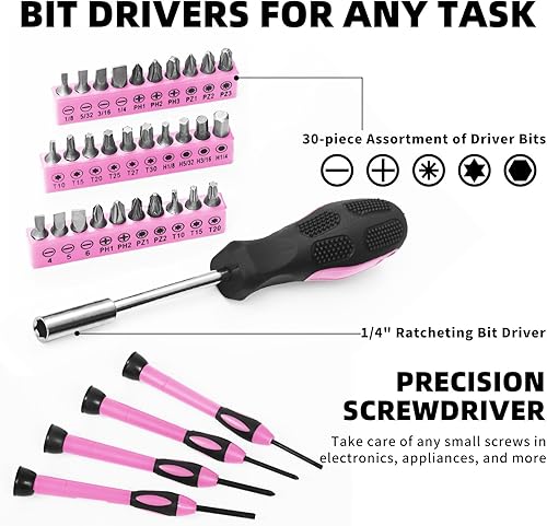 Miniatura 3 de Juego de herramientas para el hogar de 58 piezas, color rosa, kit de herramientas manuales para el hogar, kit de herramientas pequeñas con caja de