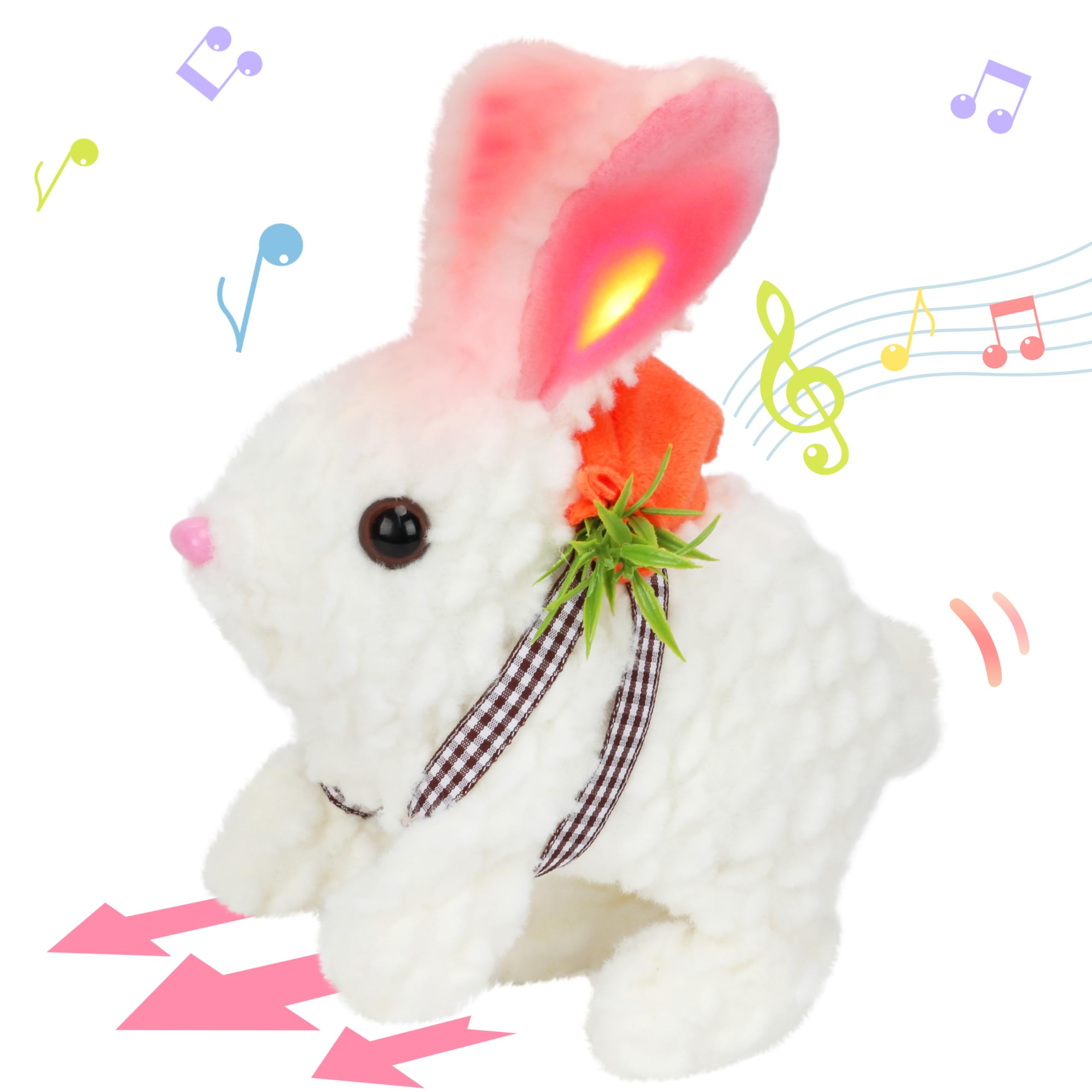 Hopearl Hopping Rabbit with LED Ears Carrot Backpack Interactive Plush Bunny Toy with Sounds Animated Walking Wiggle Light up Ears Twitch Nose Gift