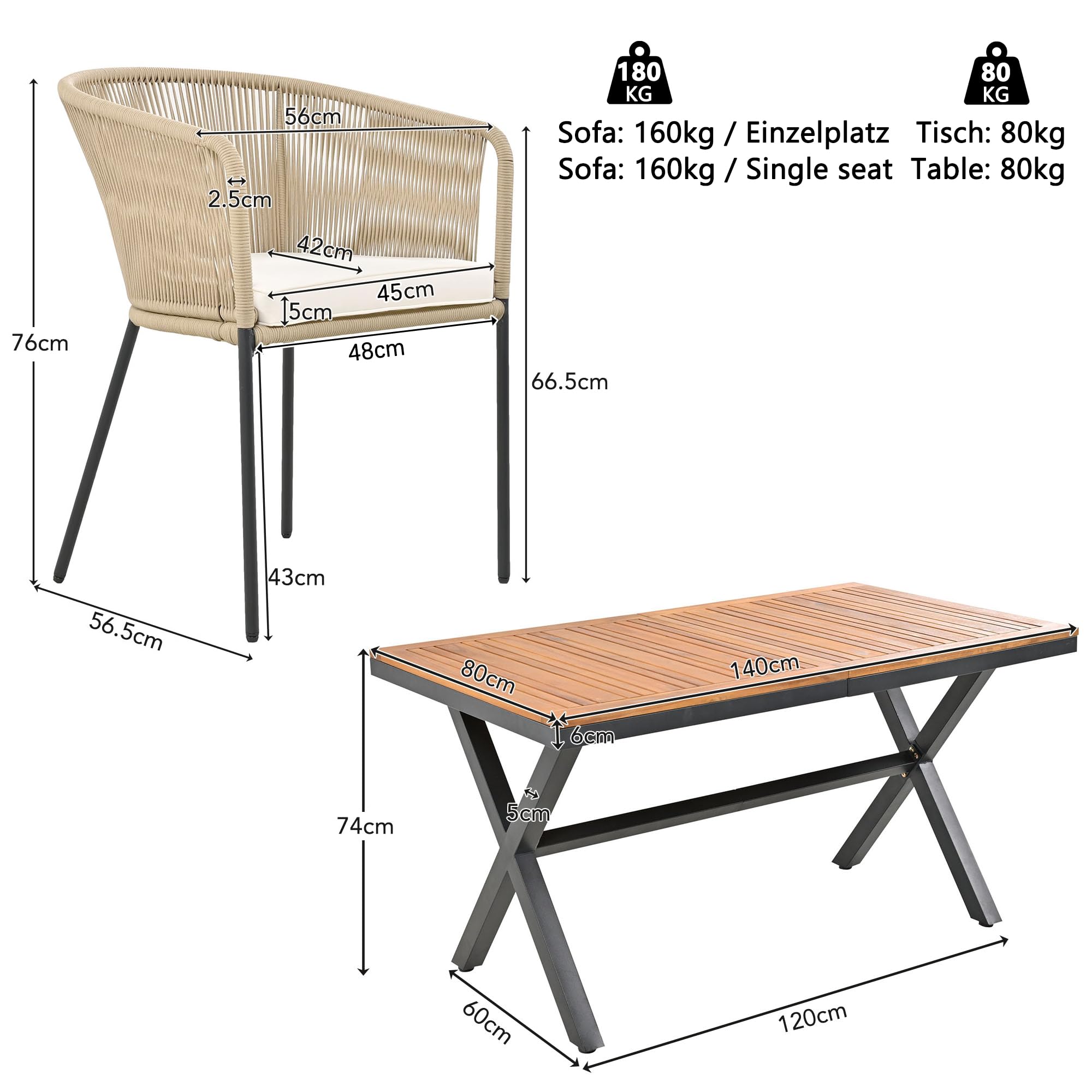 Set da Pranzo da Giardino 7 Pezzi, Set da giardino in Corda per 6 persone, 6 Poltrone e 1 Tavolo in legno di acacia, Mobili da giardino, Balcone