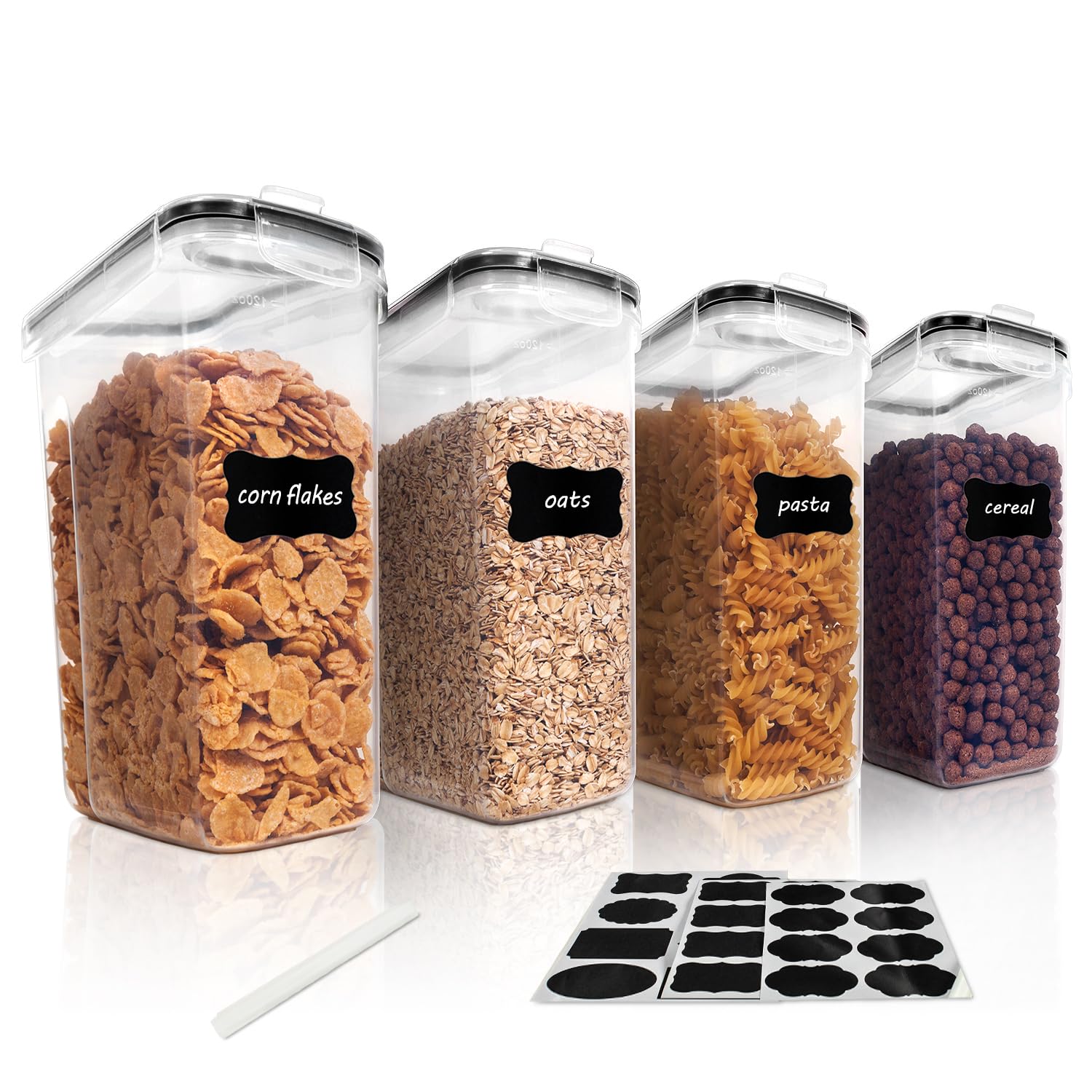 Vtopmart Cereal Storage Container Set, BPA Free Plastic Airtight Food Storage Container 135.2 fl oz for Snacks and Sugar, 4 pcs Cereal Dispensers with 24 Chalkboard Labels, Black