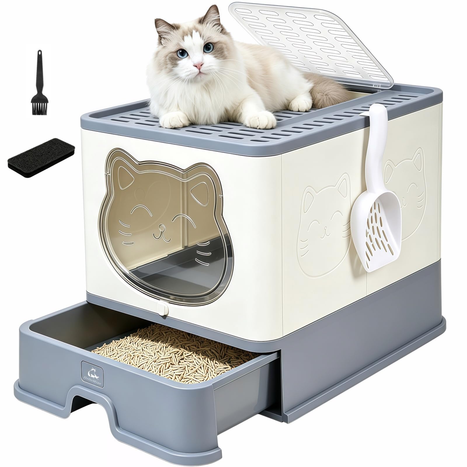 Geschlossene Große Katzenklo mit Dach & Deckel | Faltbare Katzentoilette mit Schubladensystem, Inklusive Katzenstreuschaufel, Geeignet für Katzen bis 8 kg Hellgrau Weiß-Grau