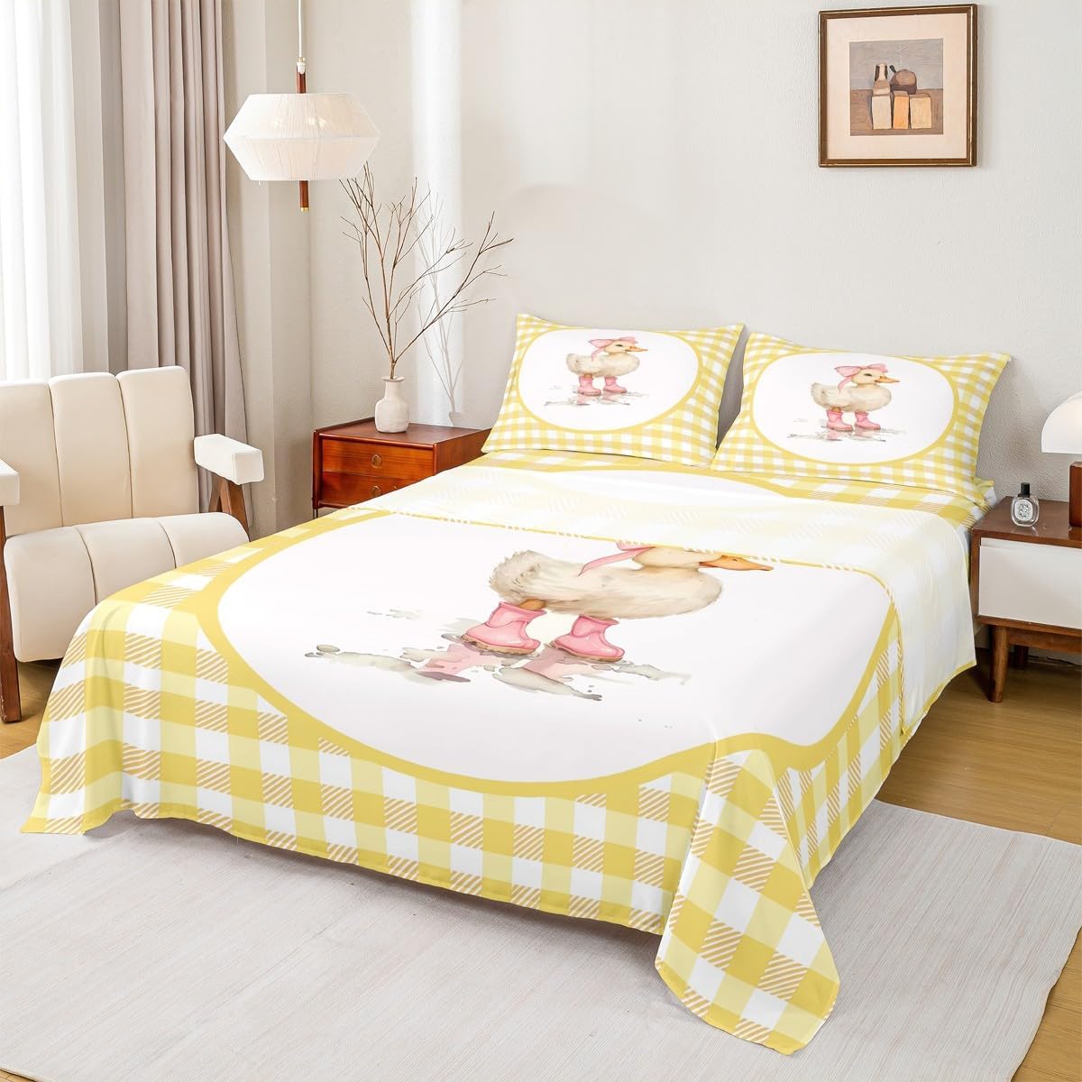 Erosebridal Kawaii Duck Cartoon Sheet Set Farmhouse Duck Rustic Twin Sheets Set for Toddler Boys,Yellow Grid Rural Hairy Ducky Cute Watercolor Geometric Plaid Fitted Sheet