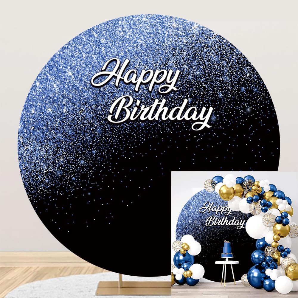 Diametro 2,3m Blu Glitter Punti Sfondo Rotondo per Felice Compleanno Ragazzi Ragazze Bat Mitzvah Sfondo Nero 1 ° 2 ° Festa di Compleanno Baby Shower Photo Booth Props, Poliestere