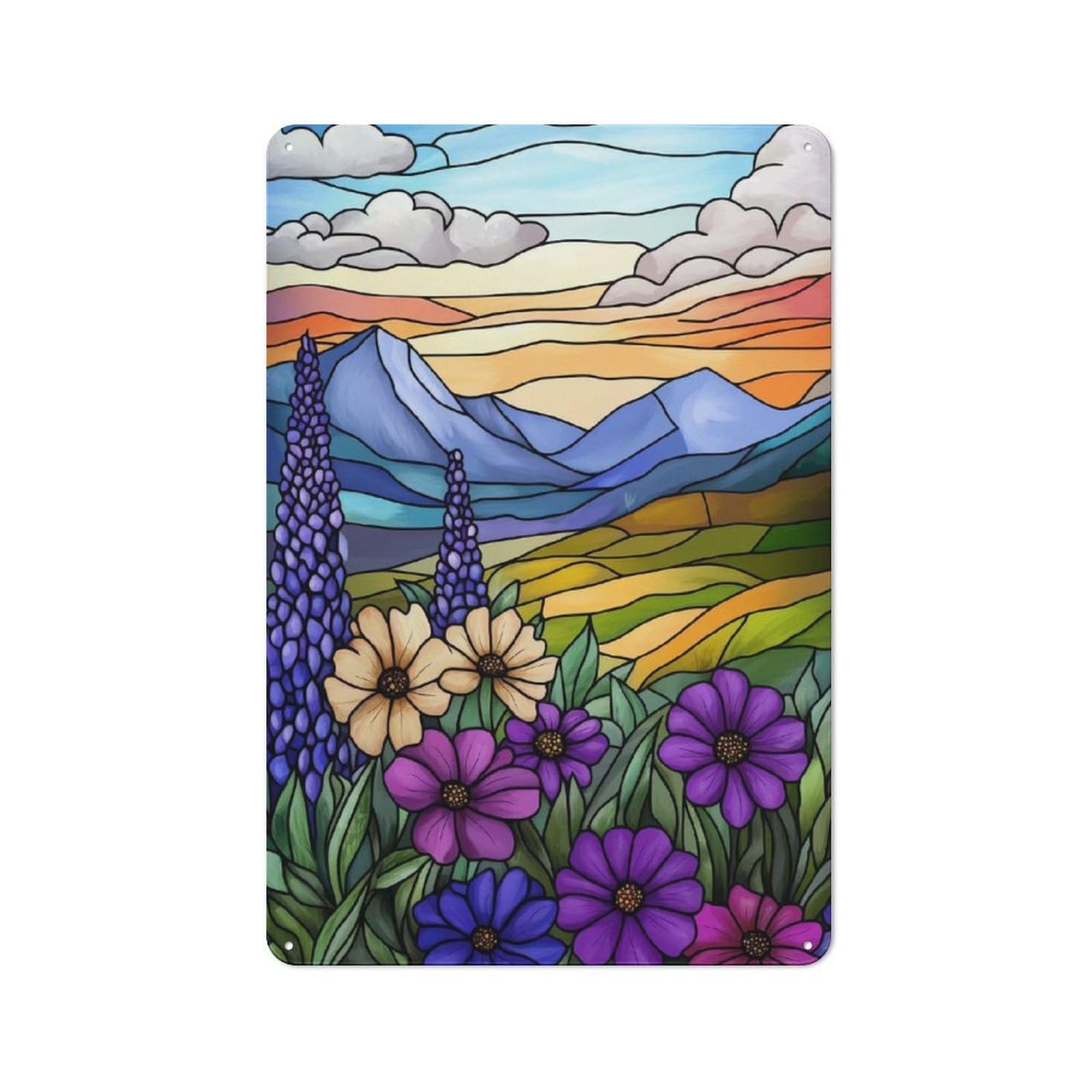 Junmoney Style-19 Metal Sign 30X20cm With Mountain Sunset Landscape For Hallway Wall, Retro Decor, Gift For Hallway Decor Lovers During The Christmas Season