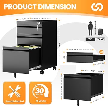 3 Drawer Mobile File Cabinet with Lock, Rolling Filing Cabinets for Home Office, Under Desk Small File Cabinet Three Drawers for Legal/Letter/A4 File, Black - Assembly Required