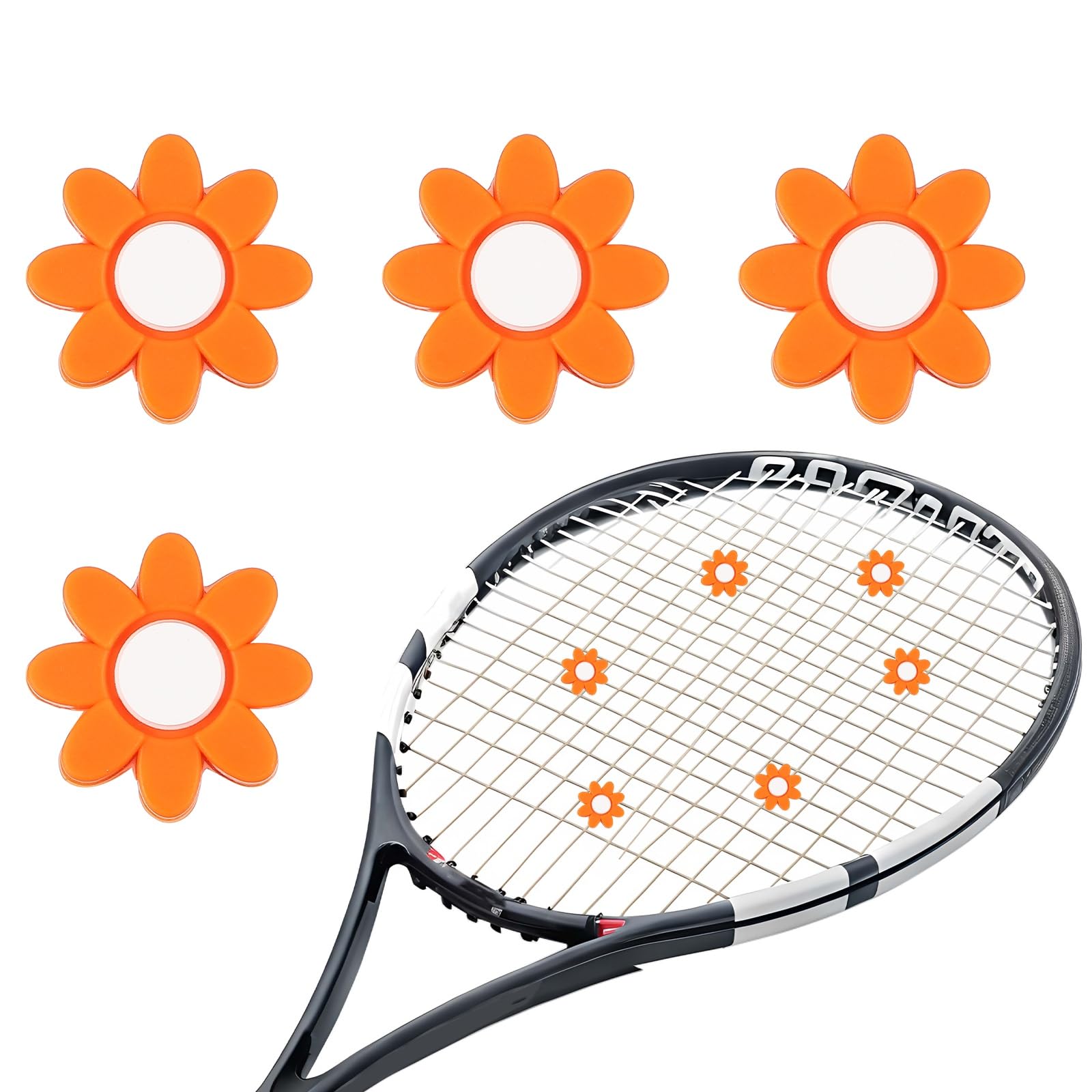 YELARXI Tennis Dampener, Flower Silicone Tennis Racket Dampeners Racket Shock Absorber to Reduce Vibration Soft Cute Fitting for (Players/Universal Fit for All Racquets) 4Pcs & Orange
