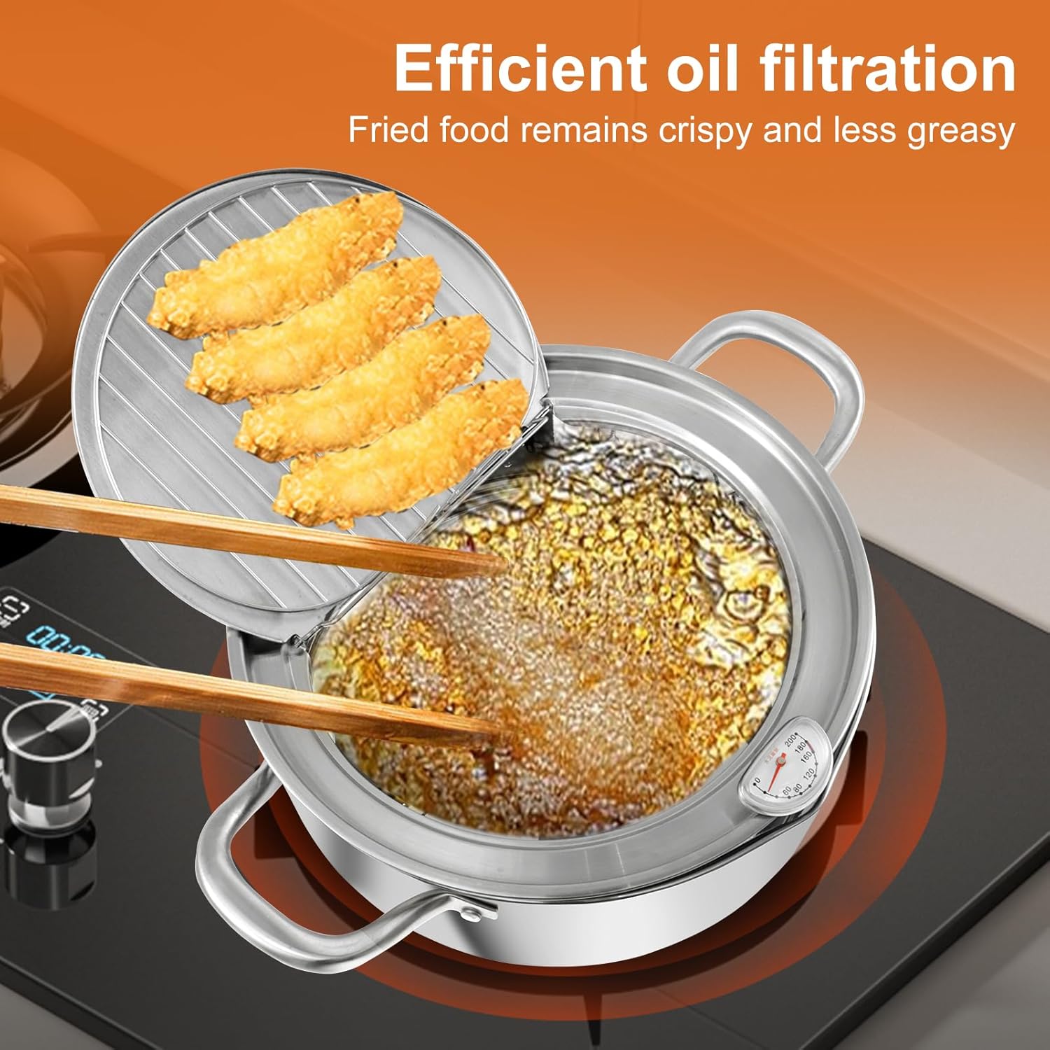 US 2.65L or 3.85L Deep Fryer with Thermometer and Oil Drip Drainer Rack Stainless Steel Frying Pot Japanese Style Deep Fryer Pot Multifunctional Deep Frying Pan for French Fries(Large 3.85L)