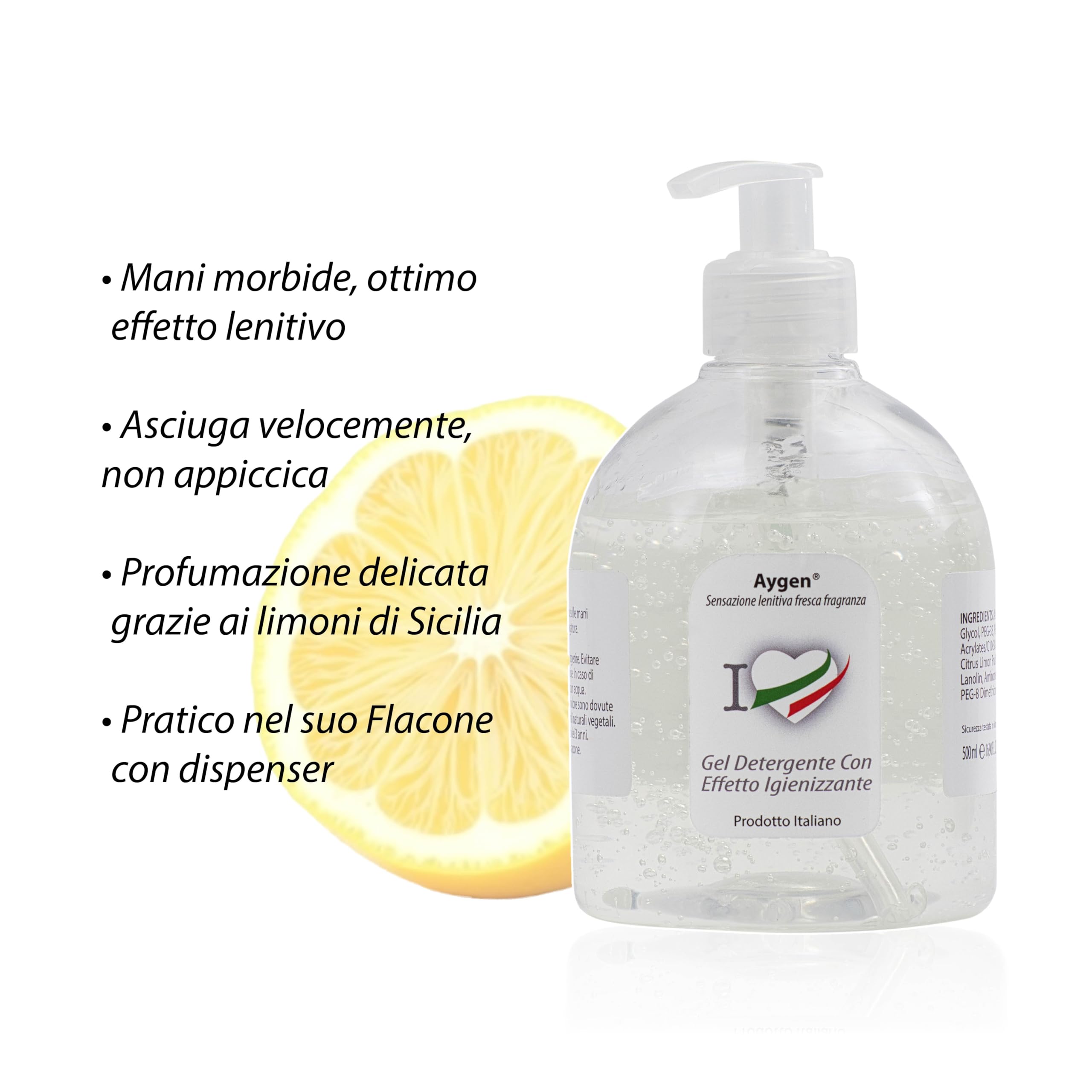 Aygen Gel Detergente Mani con Effetto Igienizzante – Mani Fresche e Morbide, con Olio Essenziale di Limoni di Sicilia, Asciugatura Rapida, Non Appiccica