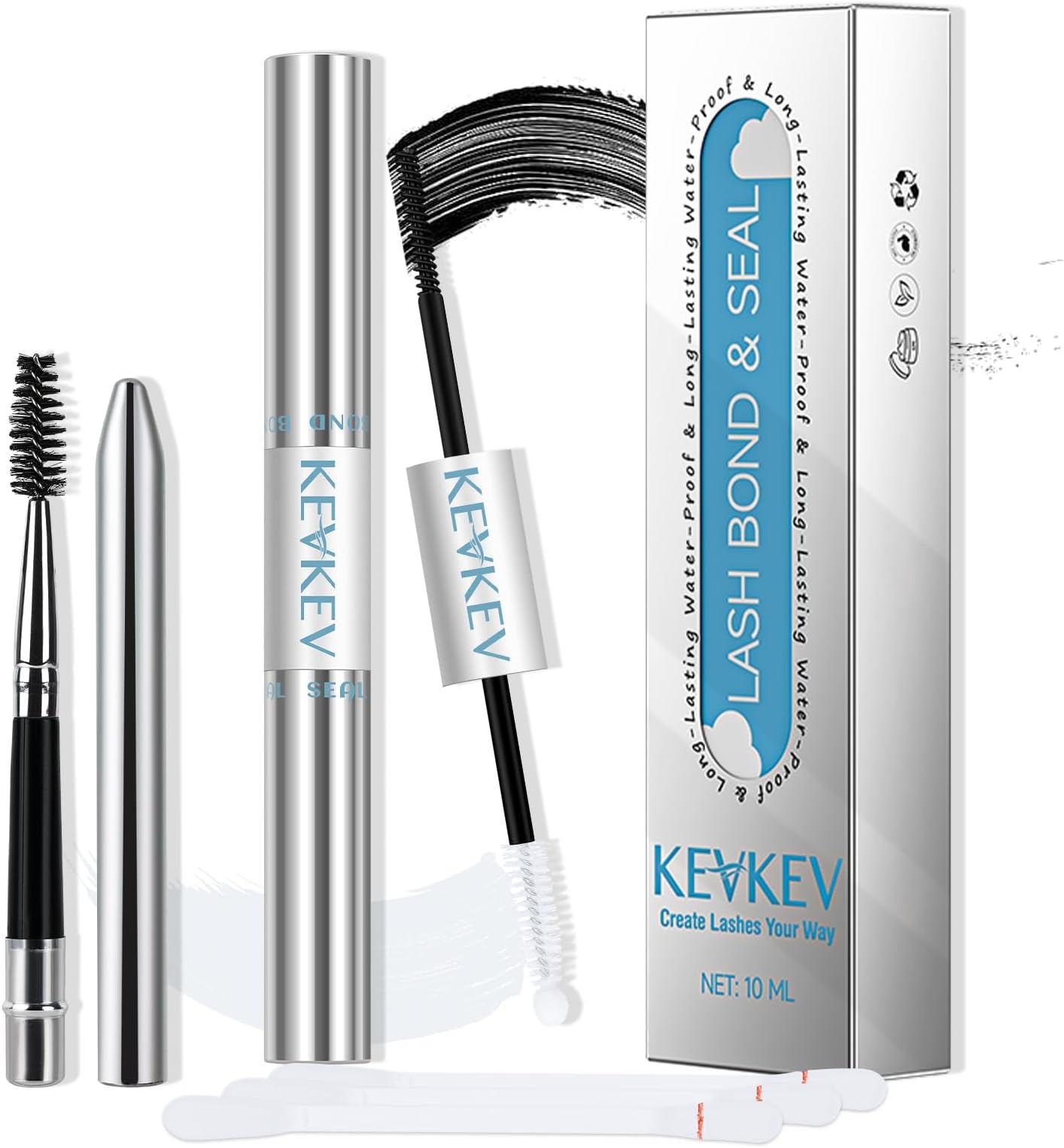 KevKev Lash Bond and Seal Lash Glue Waterproof Eyelash Glue with Lash Brush Eyelash Remover Cotton Swabs Eyelash Bond and Seal Lash Cluster Glue Strong Hold 72H Long Lasting(10Ml, Black Bond and Seal)