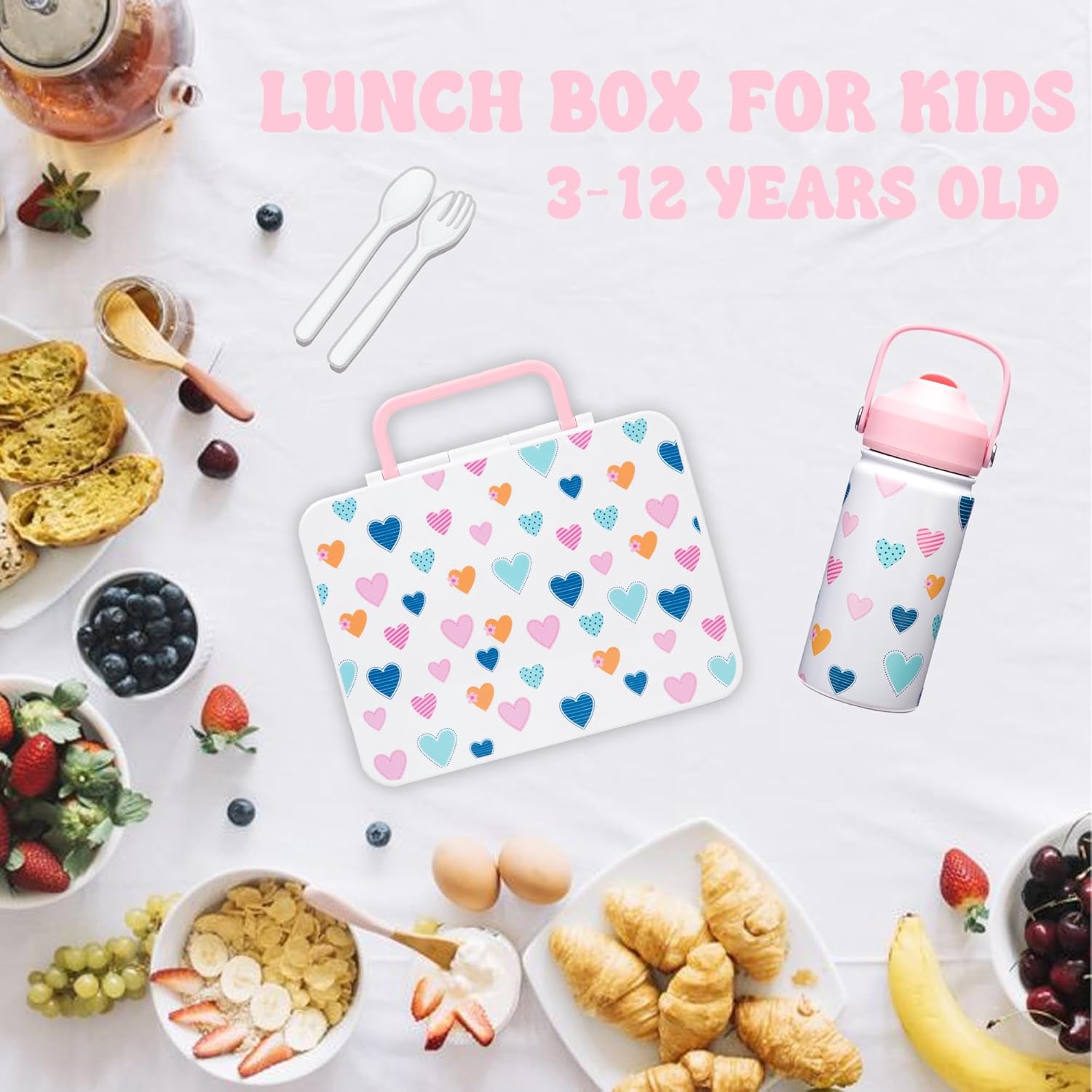 Kids Bento Lunch Box with 6 Compartments Girls Lunch Box with Lunch Bag,Stainless Steel Water Bottle,Ice Pack & Utensils Set,Birthday Gifts for Ages 3-12 Back to School Toddler Girls - Image 7